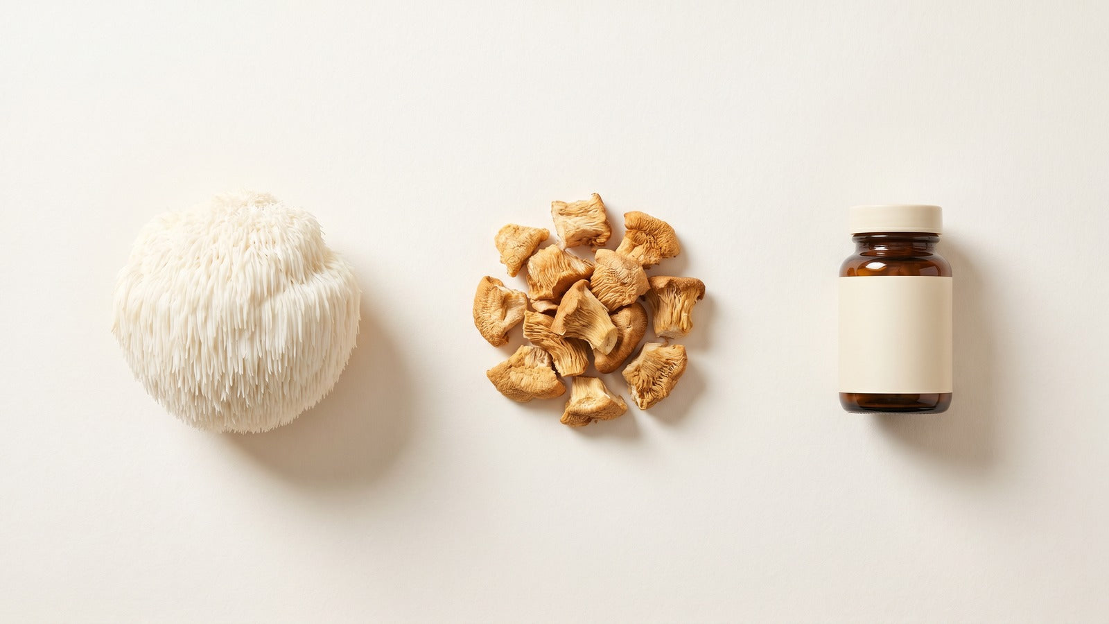 Lion's Mane mushroom forms compared on a clean surface: fresh whole fruiting body, dried slices, and a supplement capsule bottle
