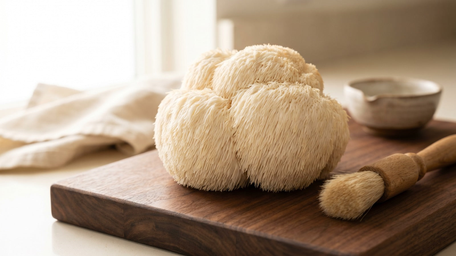 Whole intact Lion's Mane mushroom (Hericium erinaceus) on a wooden cutting board next to a soft-bristled mushroom brush, brush-don't-rinse setup