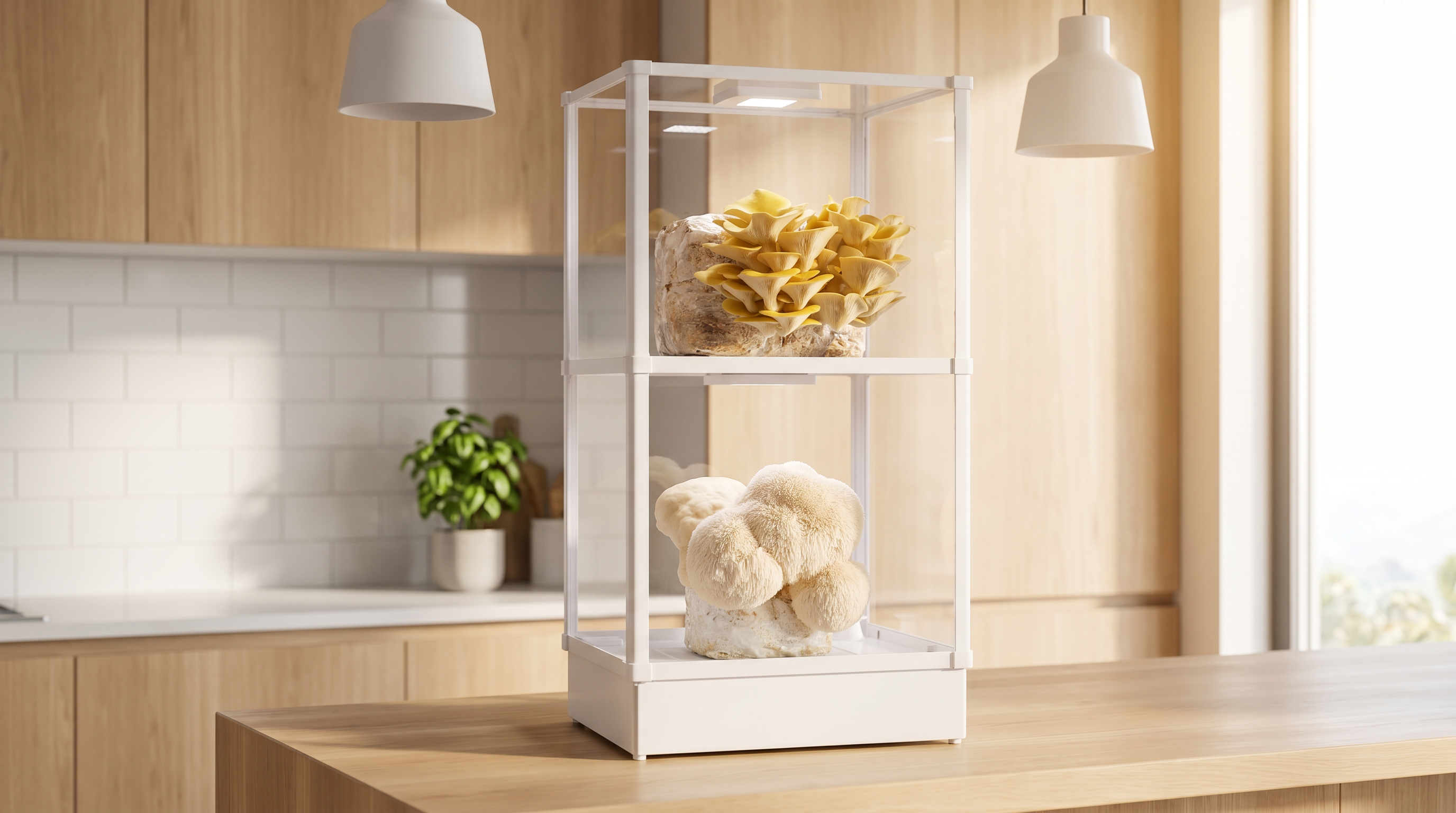 Lykyn white double-tier smart mushroom grow chamber on a kitchen counter with two different mushroom species growing simultaneously: yellow oyster on the top shelf and lion's mane on the bottom shelf
