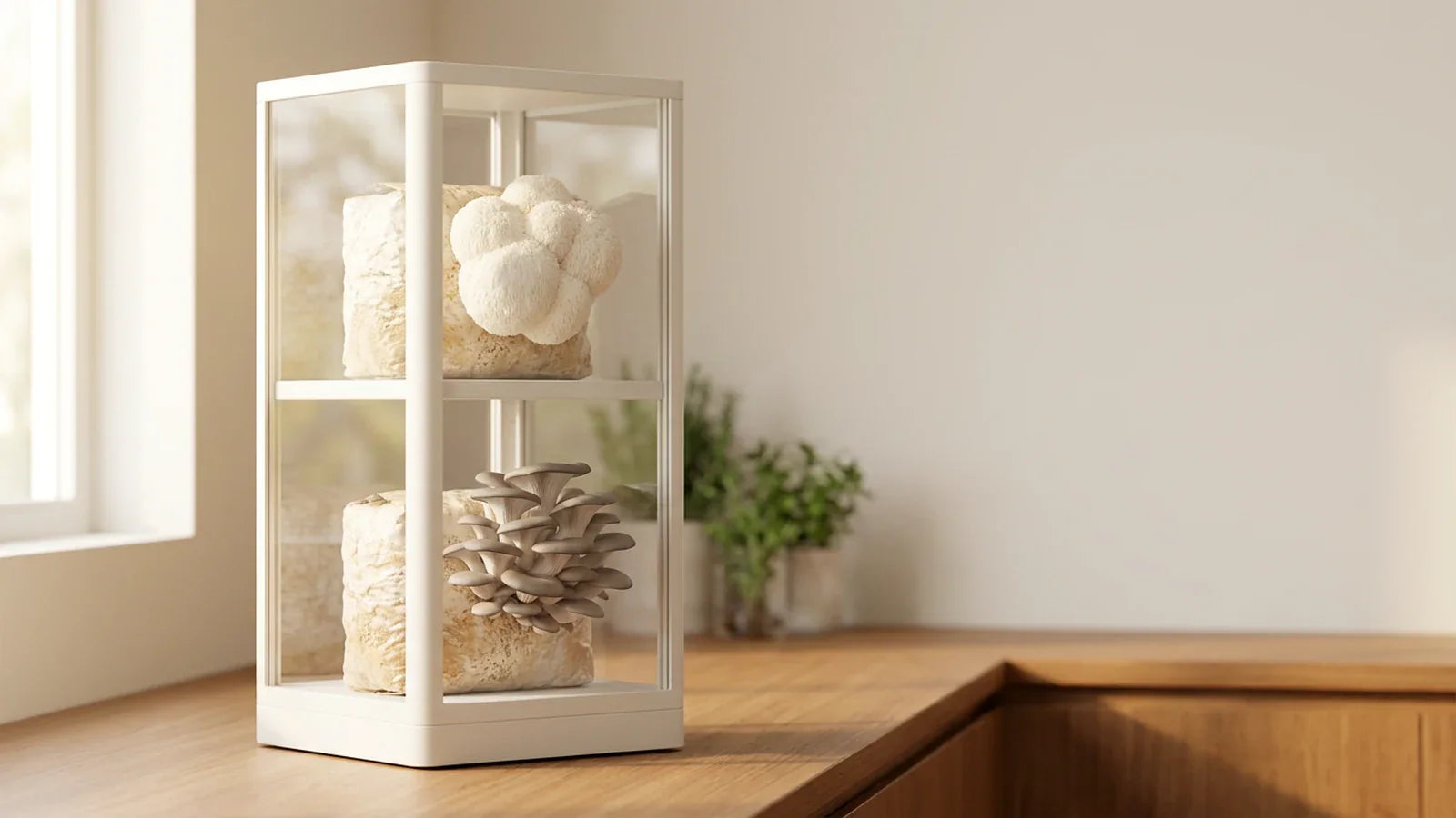 Lykyn white double-tier smart mushroom grow chamber on a kitchen counter with tw