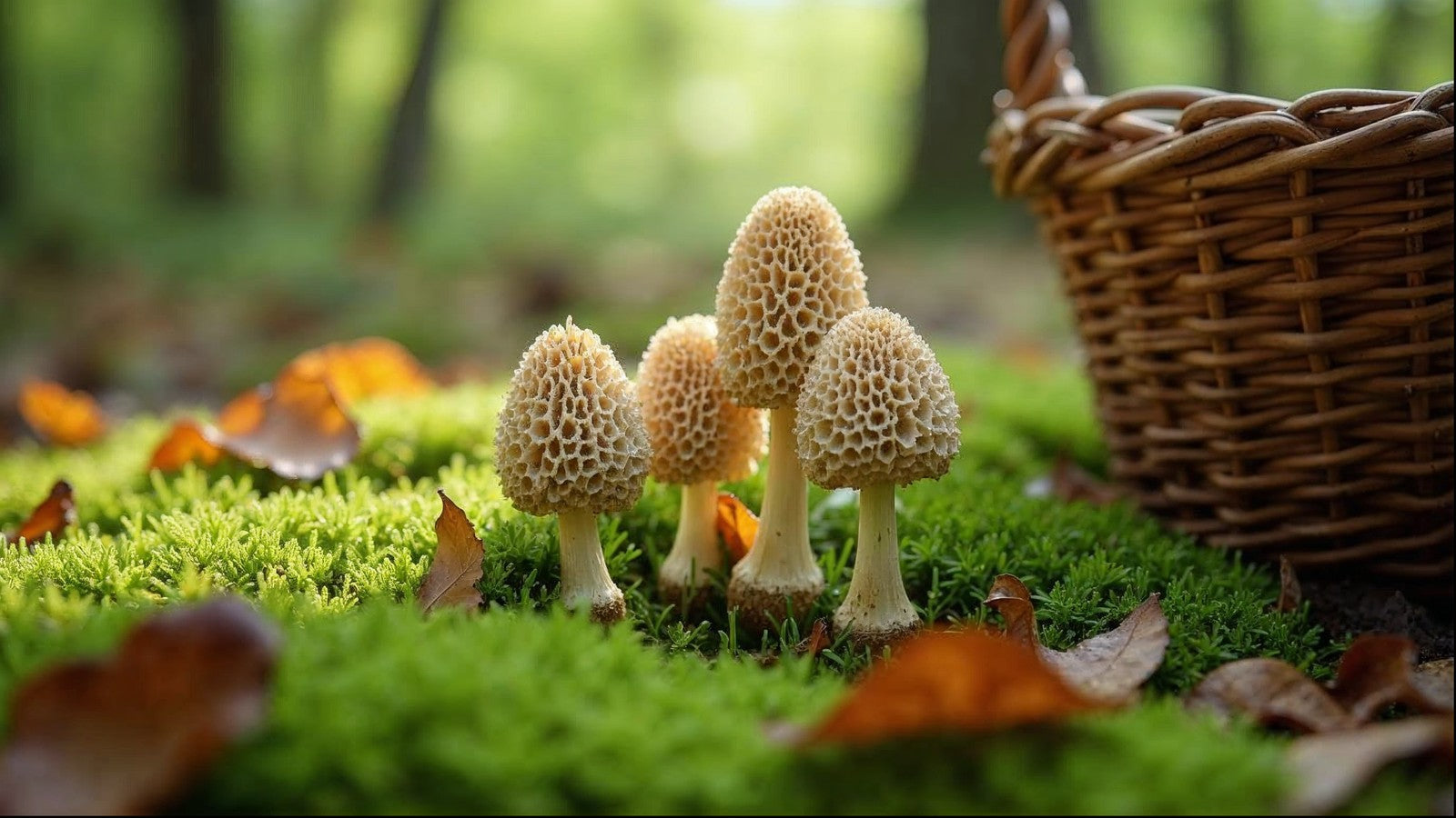 Foraged morel mushrooms found in a forest setting with moss and fallen leaves