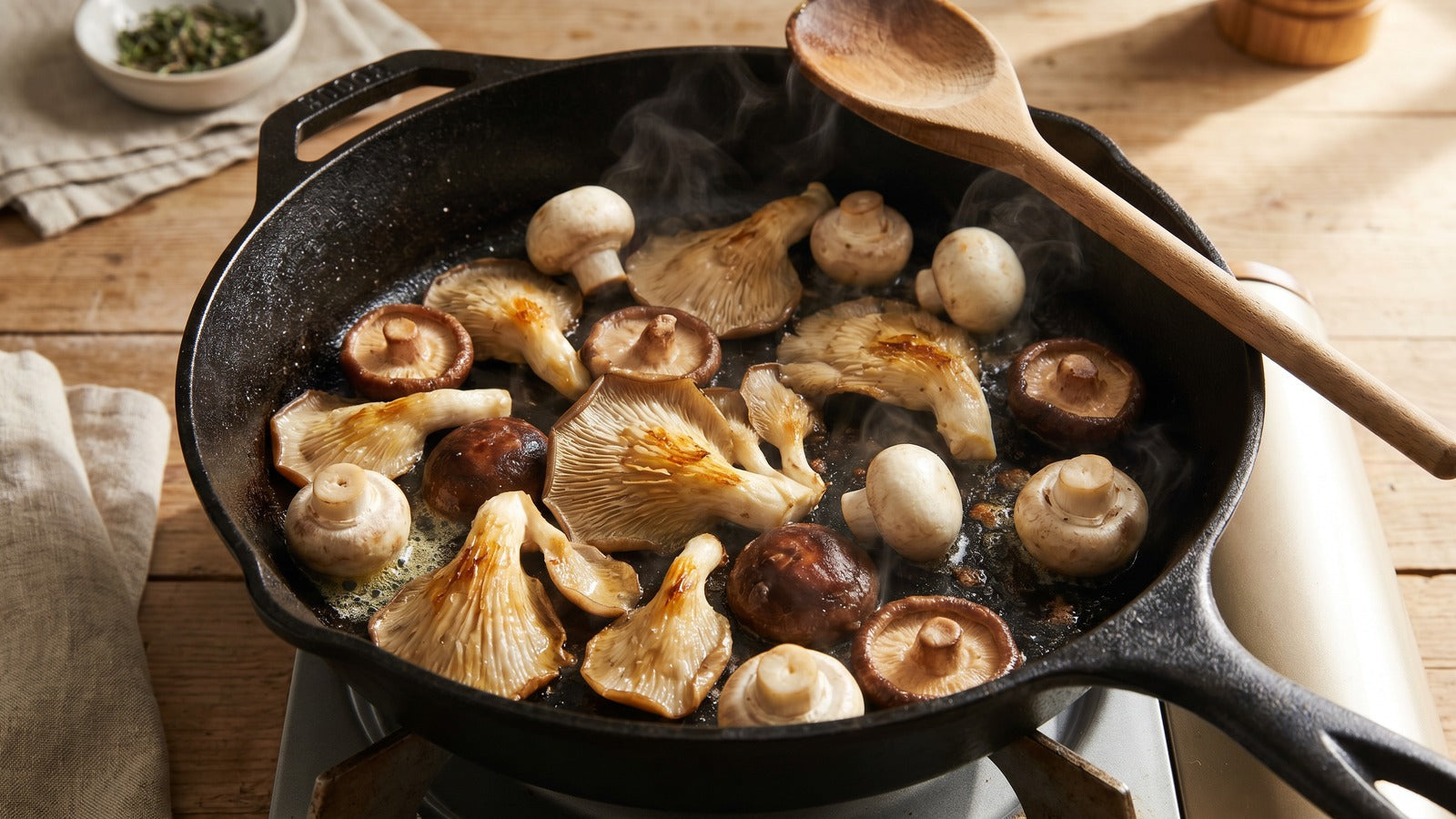 Mixed mushrooms sauteing in a black skillet to deep golden-brown