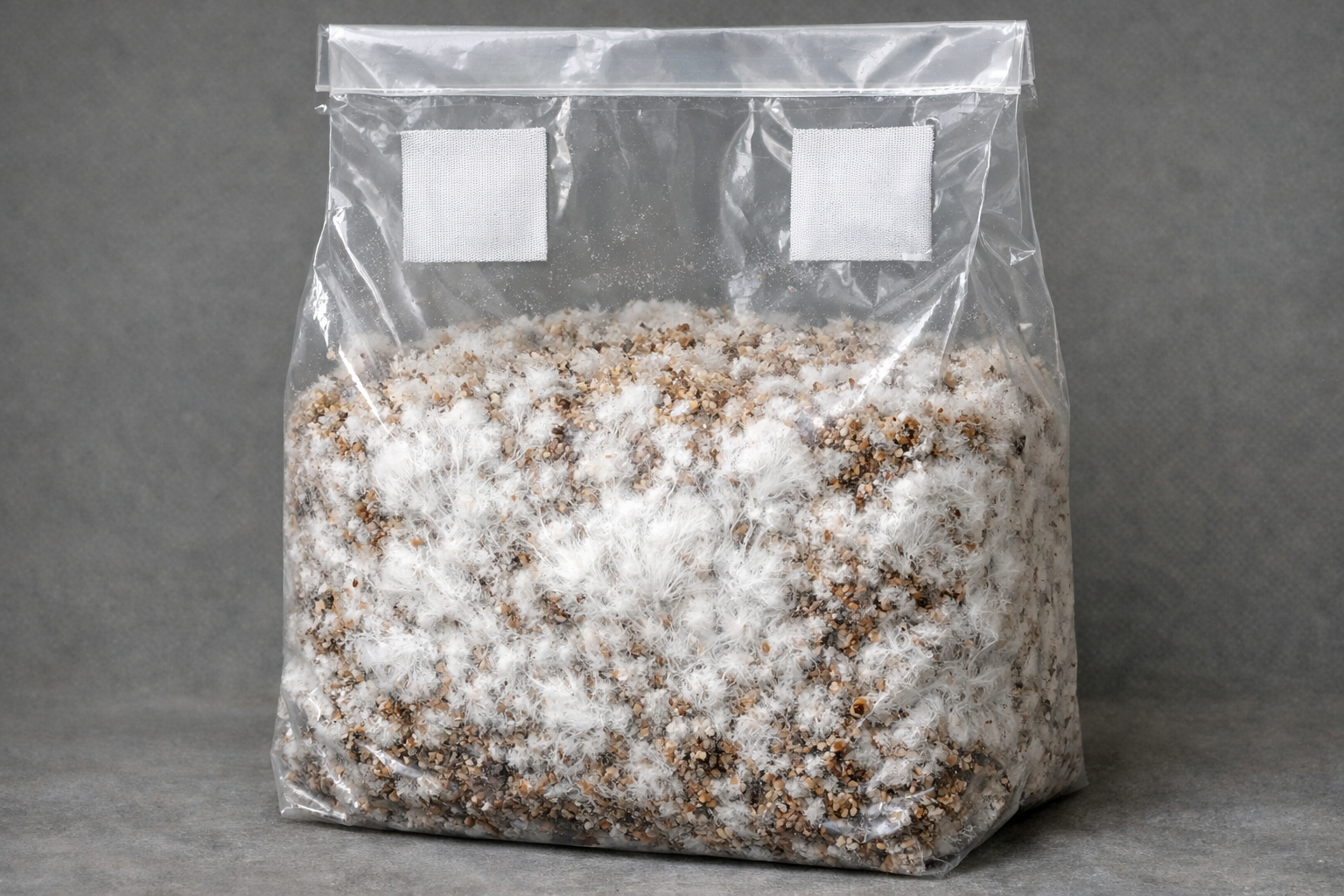 Clear mushroom grow bag showing white mycelium colonizing substrate with filter patches visible