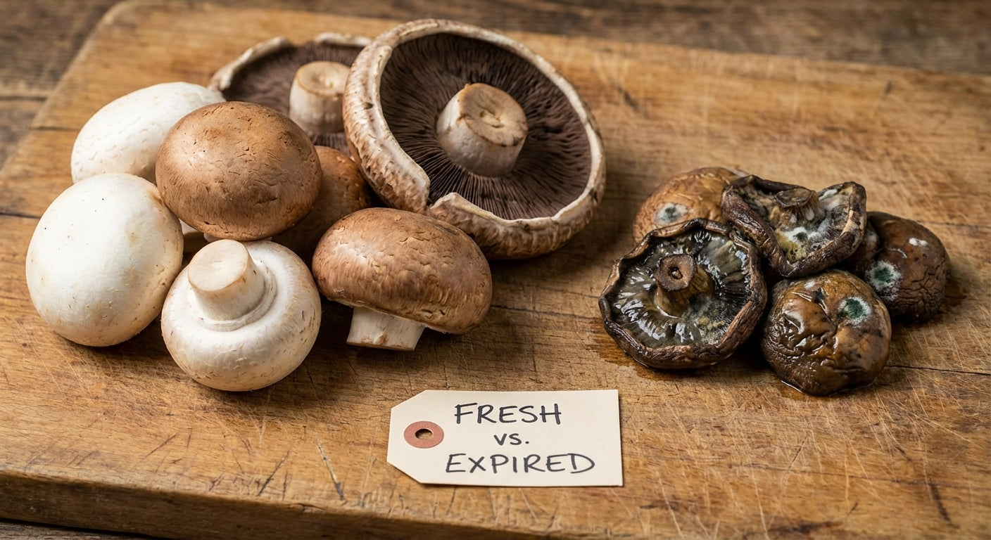 A visual guide to mushroom freshness and spoilage, showing both healthy and expired mushrooms.
