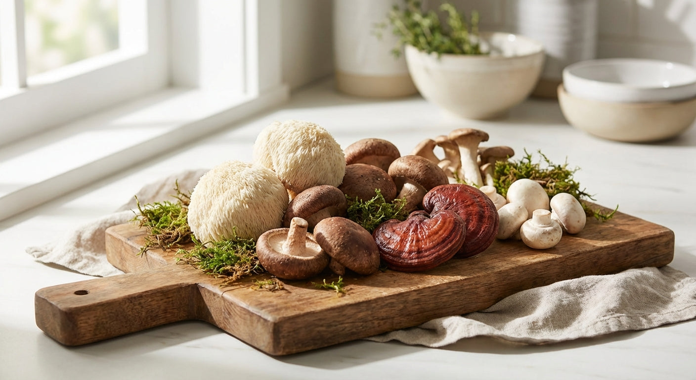 Assortment of fresh functional mushrooms including lion's mane, shiitake, reishi, and button mushrooms arranged on rustic wooden cutting board with natural lighting