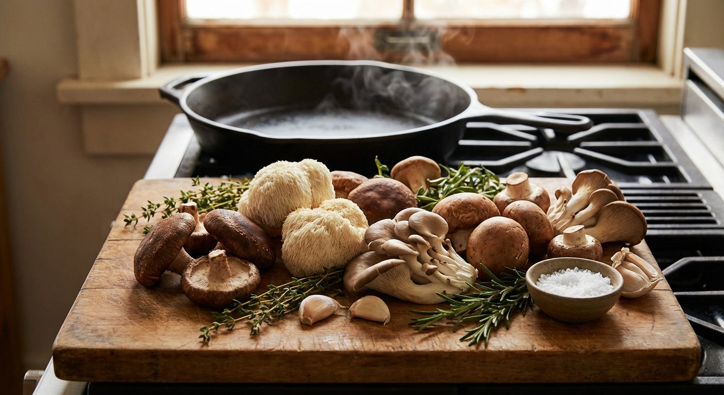 Fresh shiitake, lion's mane, and oyster mushrooms arranged on rustic wooden cutting board with herbs and garlic for mushroom recipe cooking