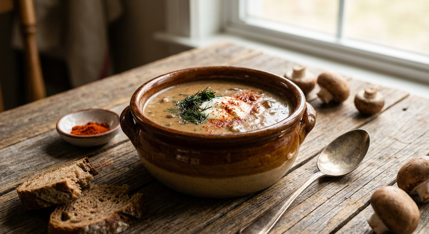 Creamy Hungarian mushroom soup in ceramic bowl topped with sour cream, fresh dill, and paprika, surrounded by whole mushrooms and crusty bread on rustic wooden table