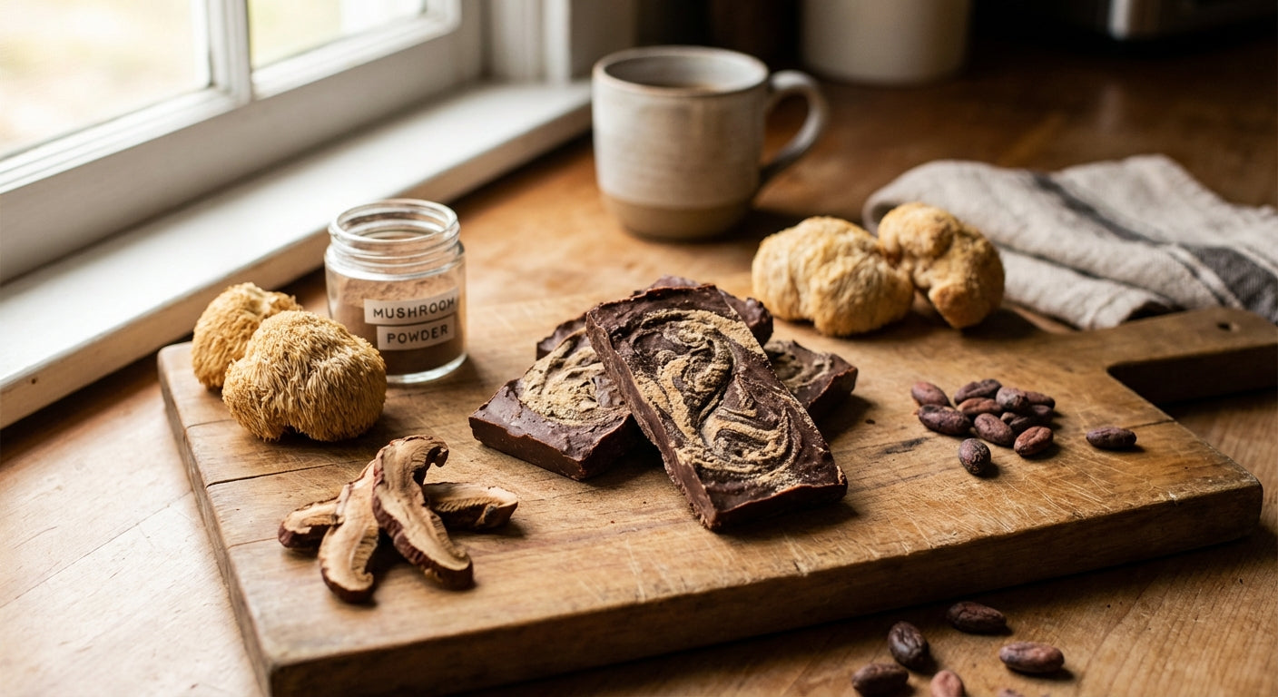 Homemade mushroom chocolate bars on a wooden cutting board surrounded by dried lion's mane mushrooms, reishi slices, mushroom powder in a glass jar, and raw cocoa beans in a cozy kitchen setting with natural lighting.