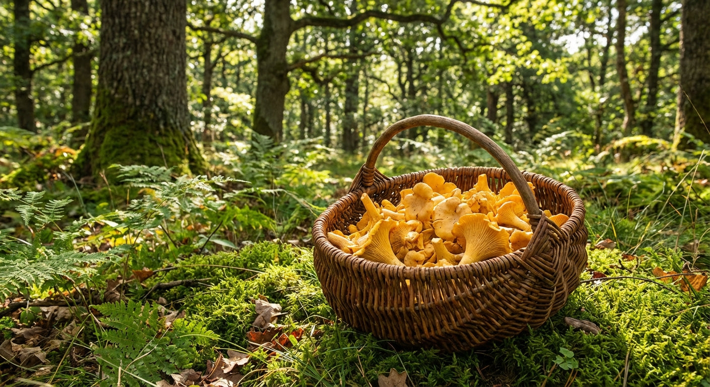 Fresh golden chanterelle mushrooms in a woven foraging basket on moss-covered forest floor with dappled sunlight