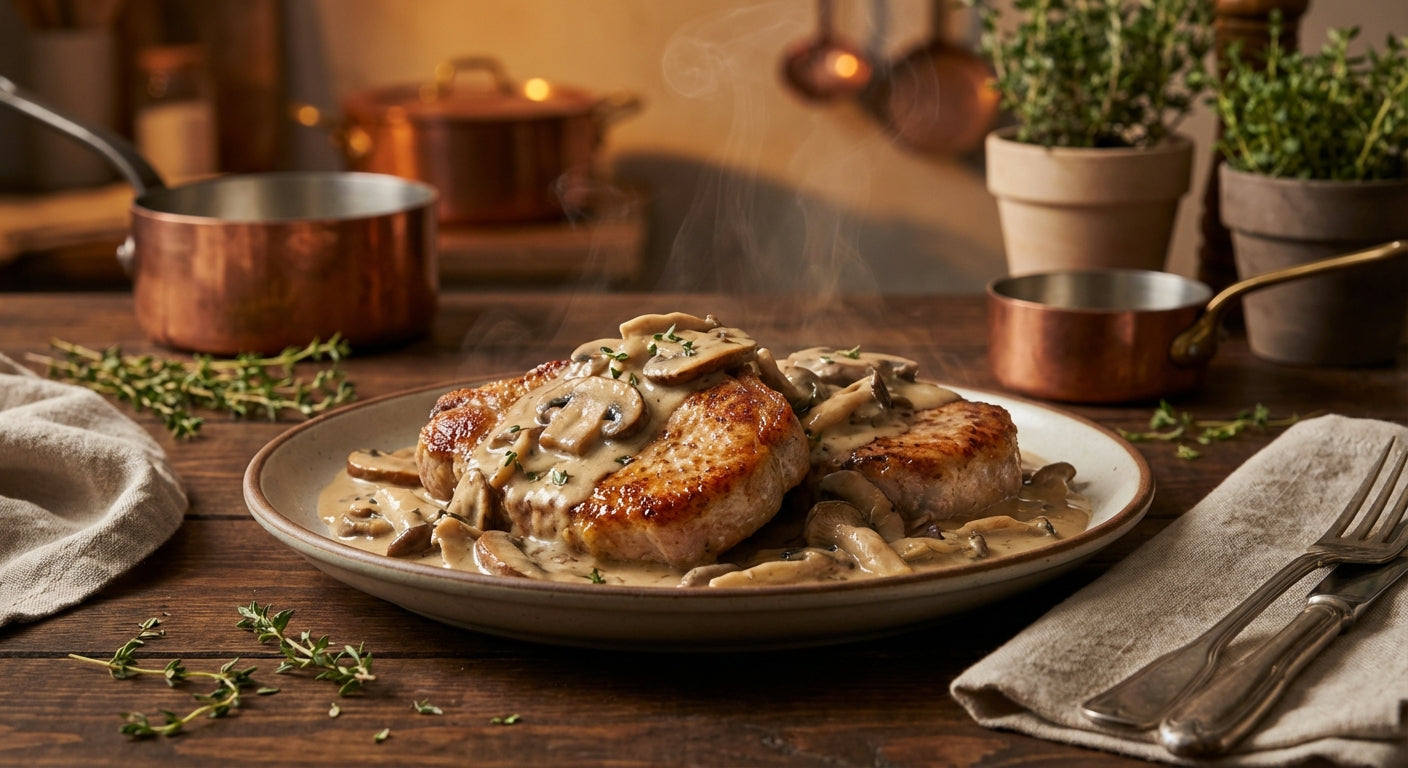 Golden cream of mushroom pork chops in creamy sauce with fresh herbs on rustic wooden table