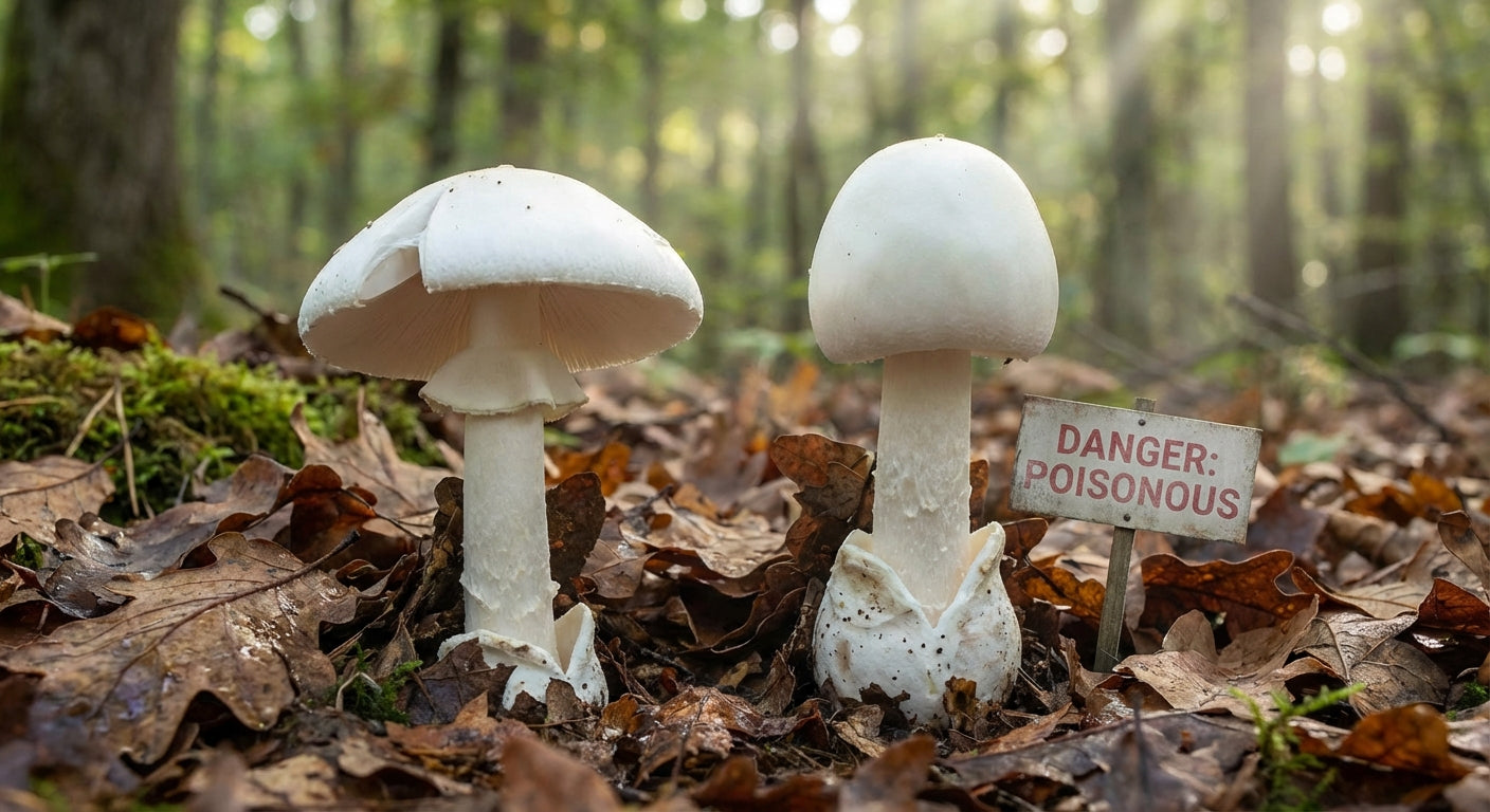 White destroying angel mushroom (Amanita bisporigera) growing among brown oak leaves on forest floor, showing distinctive white cap, stem ring, and bulbous base with volva - one of North America's most poisonous mushrooms