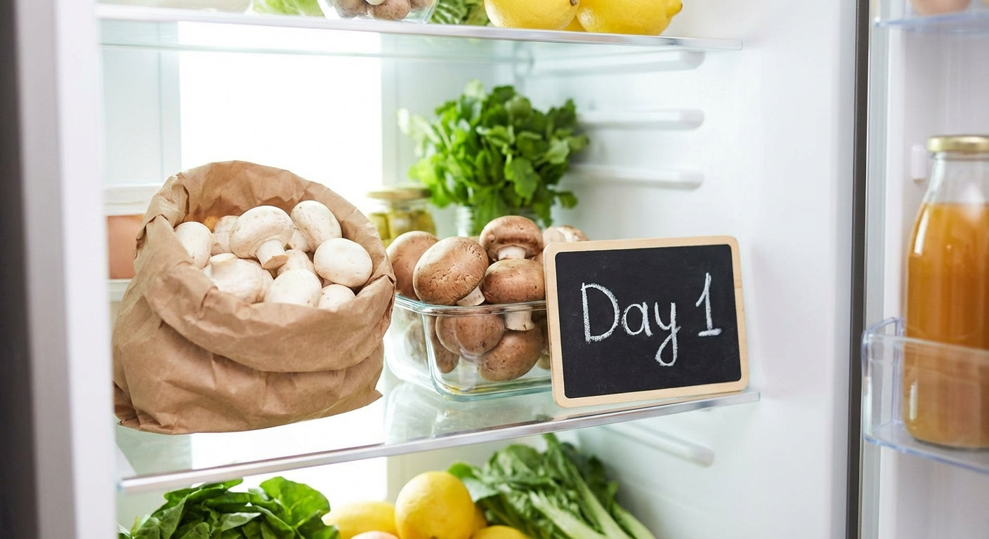 Fresh whole mushrooms stored in paper bag and glass container on refrigerator shelf with day counter showing proper mushroom storage method