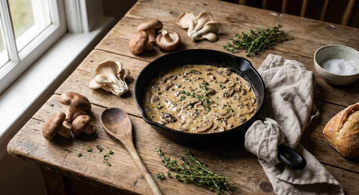 Creamy homemade mushroom sauce in a cast iron skillet surrounded by fresh shiitake and oyster mushrooms on a rustic wooden table with herbs
