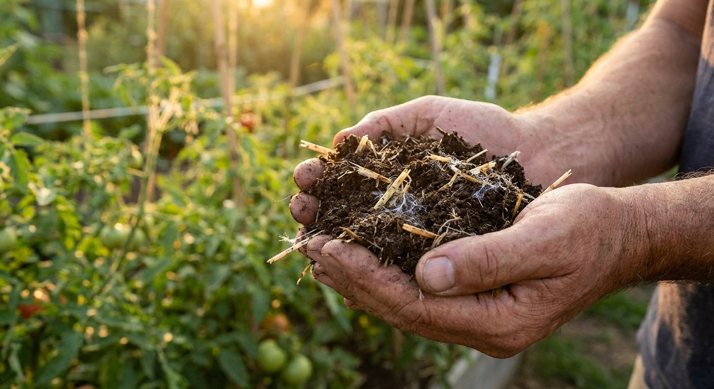 Hands holding dark, crumbly mushroom compost with visible straw and white mycelium, vegetable garden in background