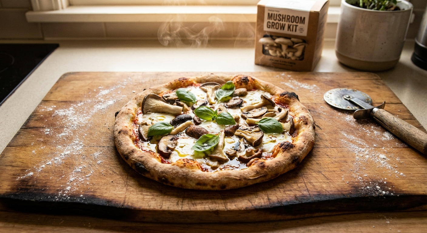 Freshly baked gourmet mushroom pizza topped with assorted oyster, cremini, and shiitake mushrooms, melted mozzarella cheese, and fresh basil on a rustic wooden cutting board with a mushroom grow kit in the background.