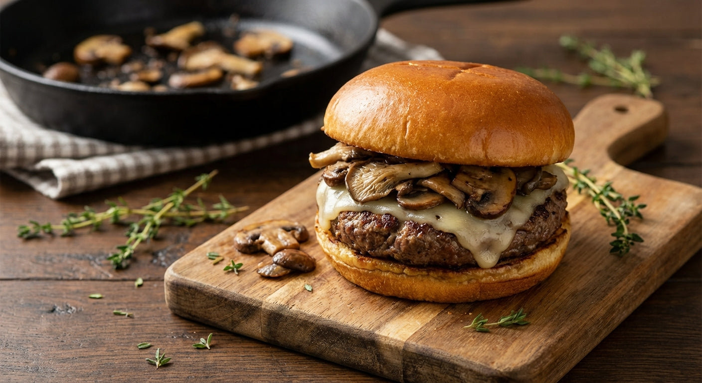 Juicy mushroom swiss burger with melted Swiss cheese and sautéed mixed mushrooms on a toasted brioche bun, served on a rustic wooden cutting board