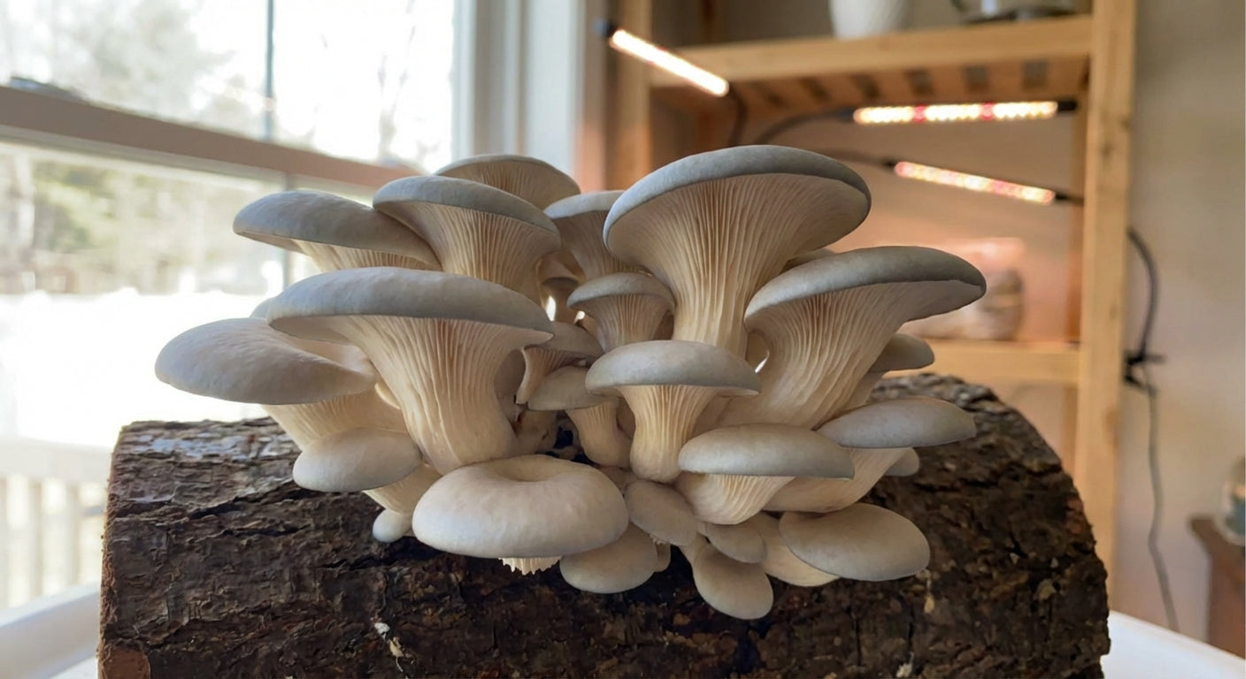 Fresh clam mushrooms growing in dense clusters showing characteristic pale blue-gray caps and white gills ready for harvest in a home cultivation setup