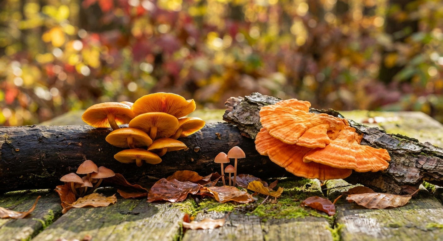 Variety of orange mushrooms including Jack-o'-lantern, Chicken of the Woods, and small orange Mycena species displayed on weathered wood with soft natural lighting for identification comparison.