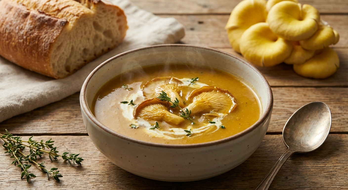 Steaming bowl of creamy golden mushroom soup garnished with fresh thyme and cream swirl, served on a rustic wooden table with golden oyster mushrooms in background