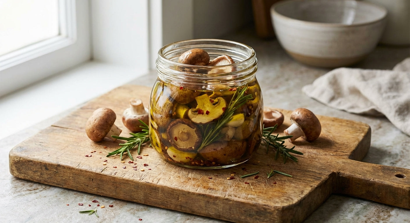 Glass jar filled with marinated mushrooms including cremini and shiitake varieties in olive oil with visible garlic, rosemary, and red pepper flakes on a wooden cutting board.