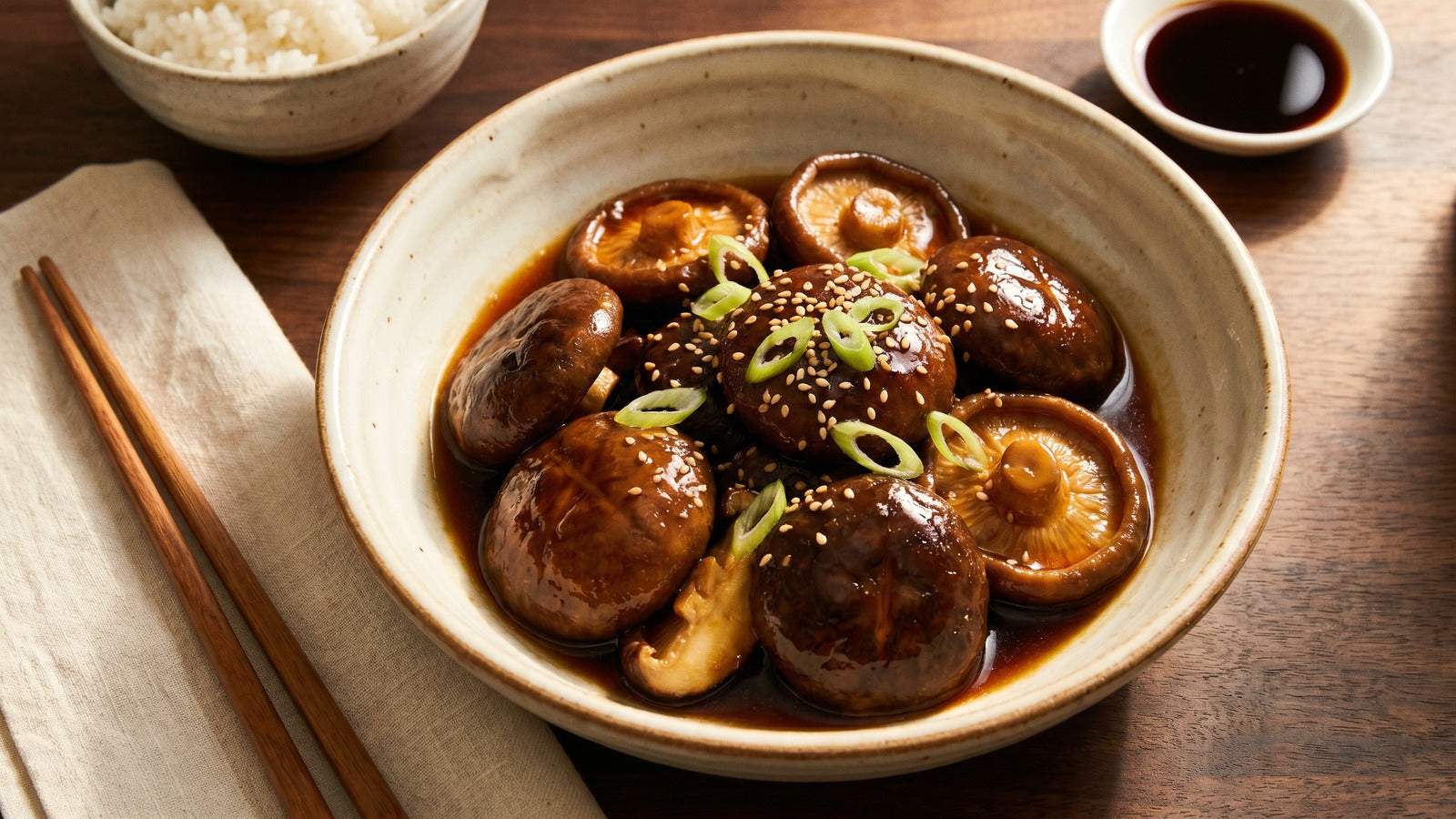 Japanese braised shiitake mushrooms in glossy soy-mirin glaze served in rustic ceramic bowl with chopsticks and rice