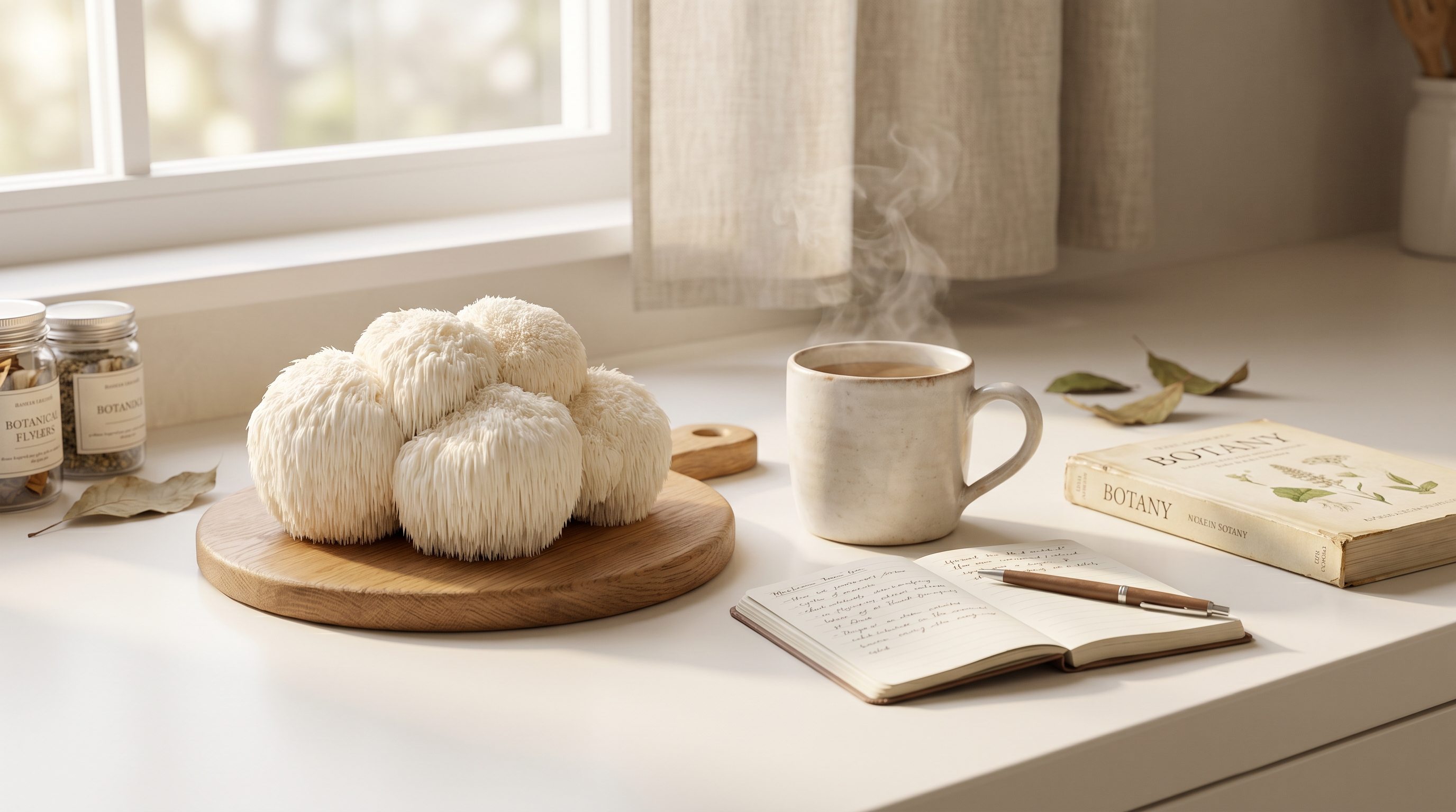 Fresh Lion's Mane mushroom cluster (Hericium erinaceus) on an oak cutting board with a steaming mug of mushroom tea, open notebook, and botany book on a bone white kitchen counter