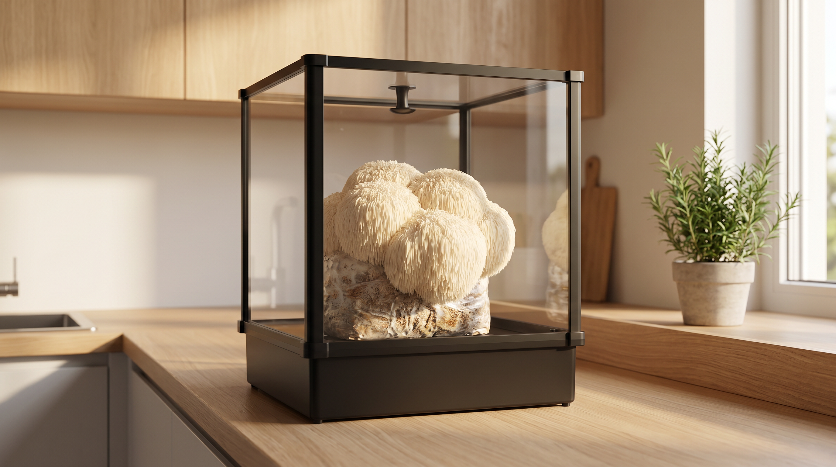 Black Lykyn single-tier smart mushroom grow chamber on a kitchen counter, lion's mane mushroom (Hericium erinaceus) cluster growing inside on a hardwood substrate block
