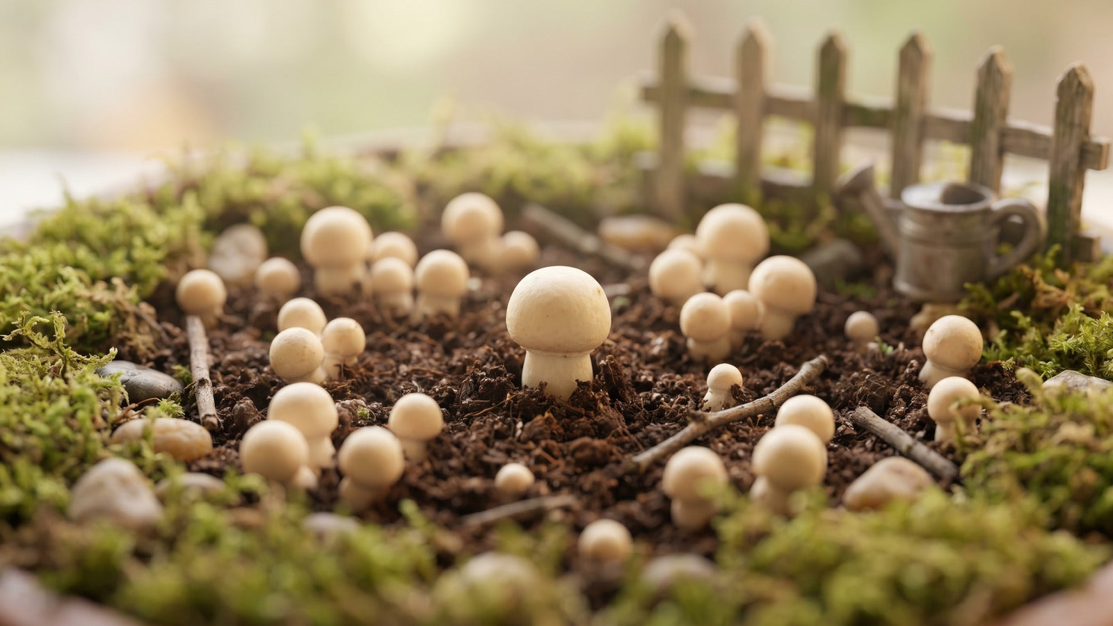 Dozens of tiny white mushroom pins (baby mushrooms) emerging from substrate, sho