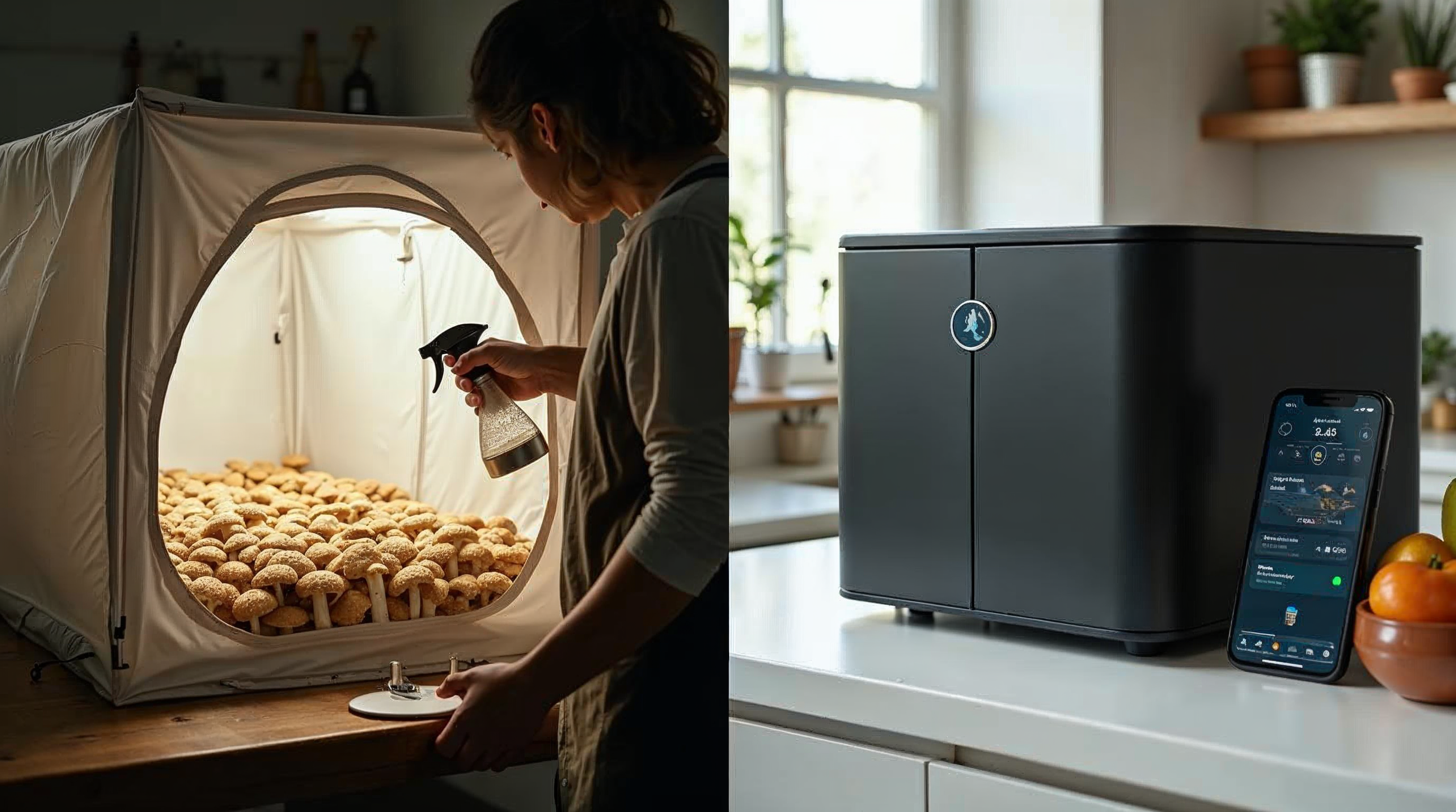 Side by side comparison of manual mushroom grow tent and automatic smart mushroom grow box on a kitchen counter