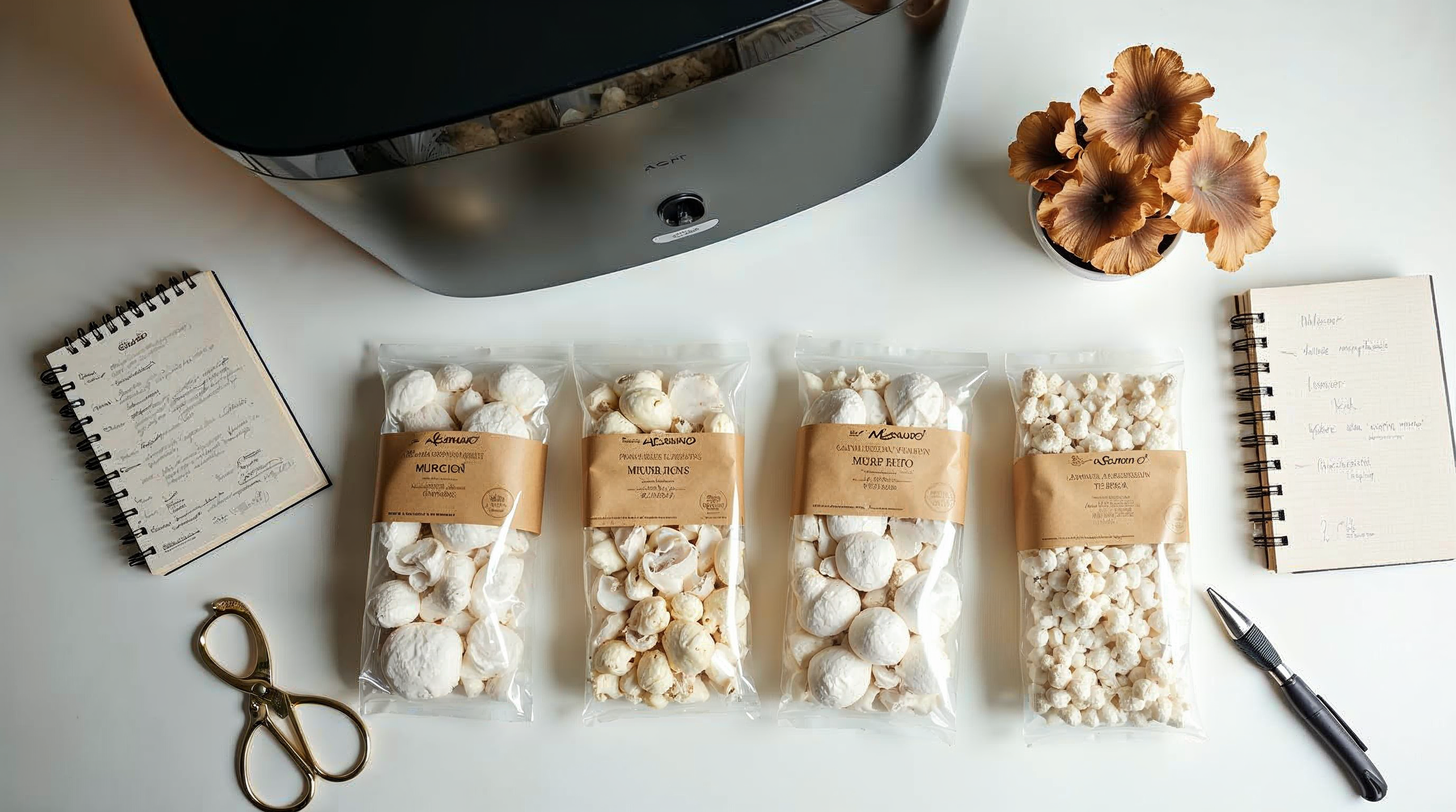 Multiple mushroom fruiting blocks from different brands compared side by side with a Lykyn smart mushroom grow box