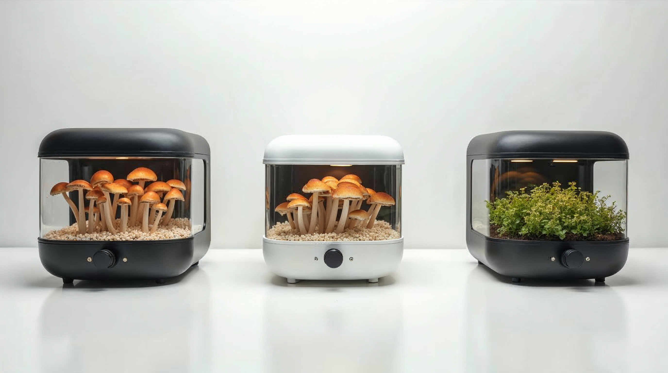 Three smart mushroom grow boxes from Lykyn, Shrooly, and TerraShroom compared side by side on a bone white surface for the best mushroom grow box 2026 review
