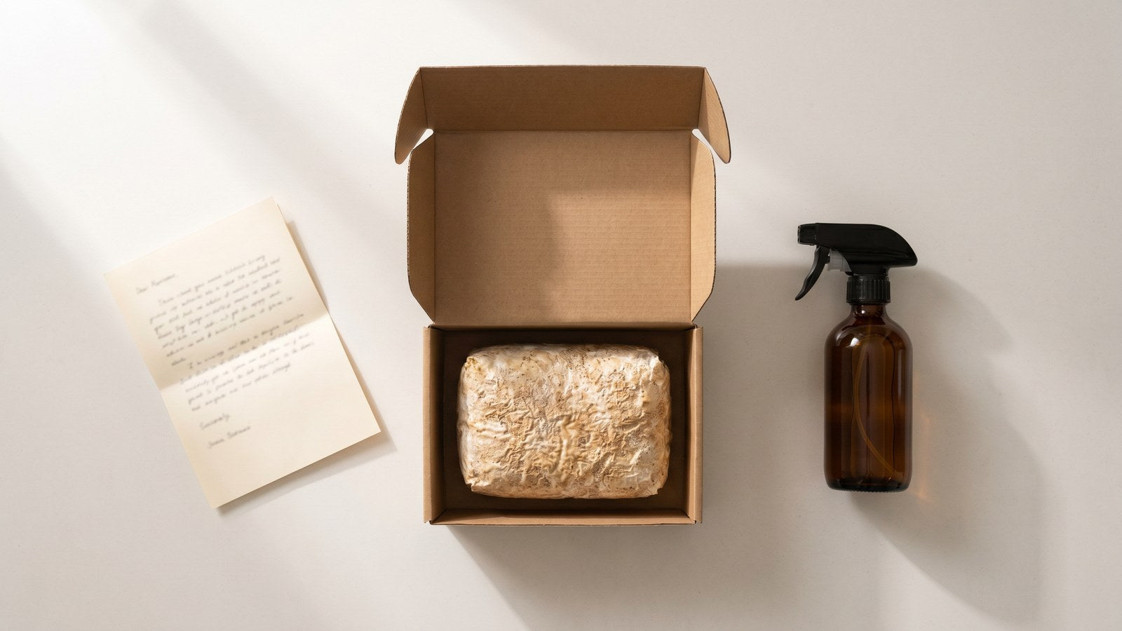 Mushroom grow kit unboxed on a kitchen counter: colonized substrate block, spray bottle, and instruction sheet