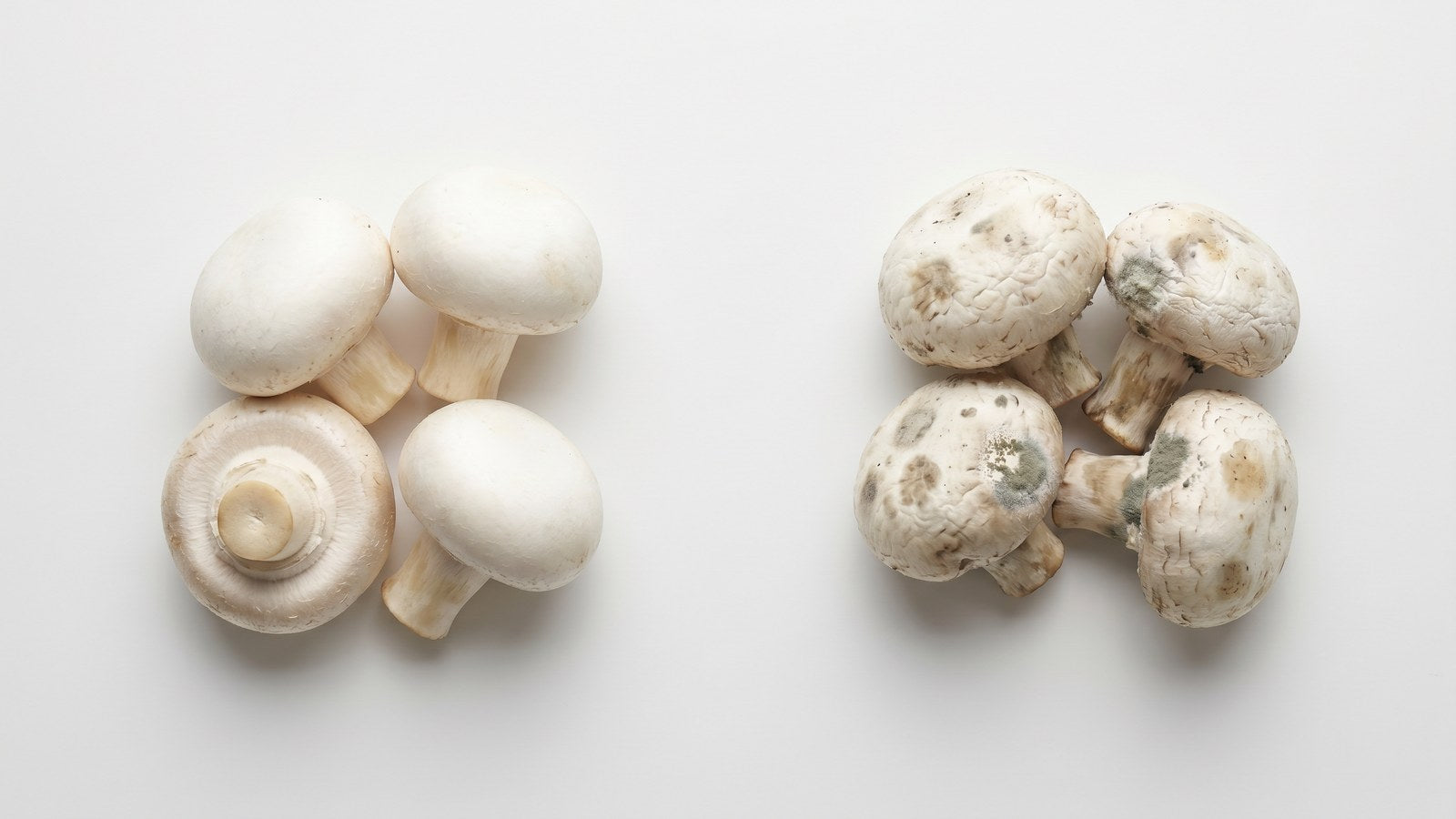 Side-by-side comparison of fresh white button mushrooms and moldy button mushrooms on a clean white surface