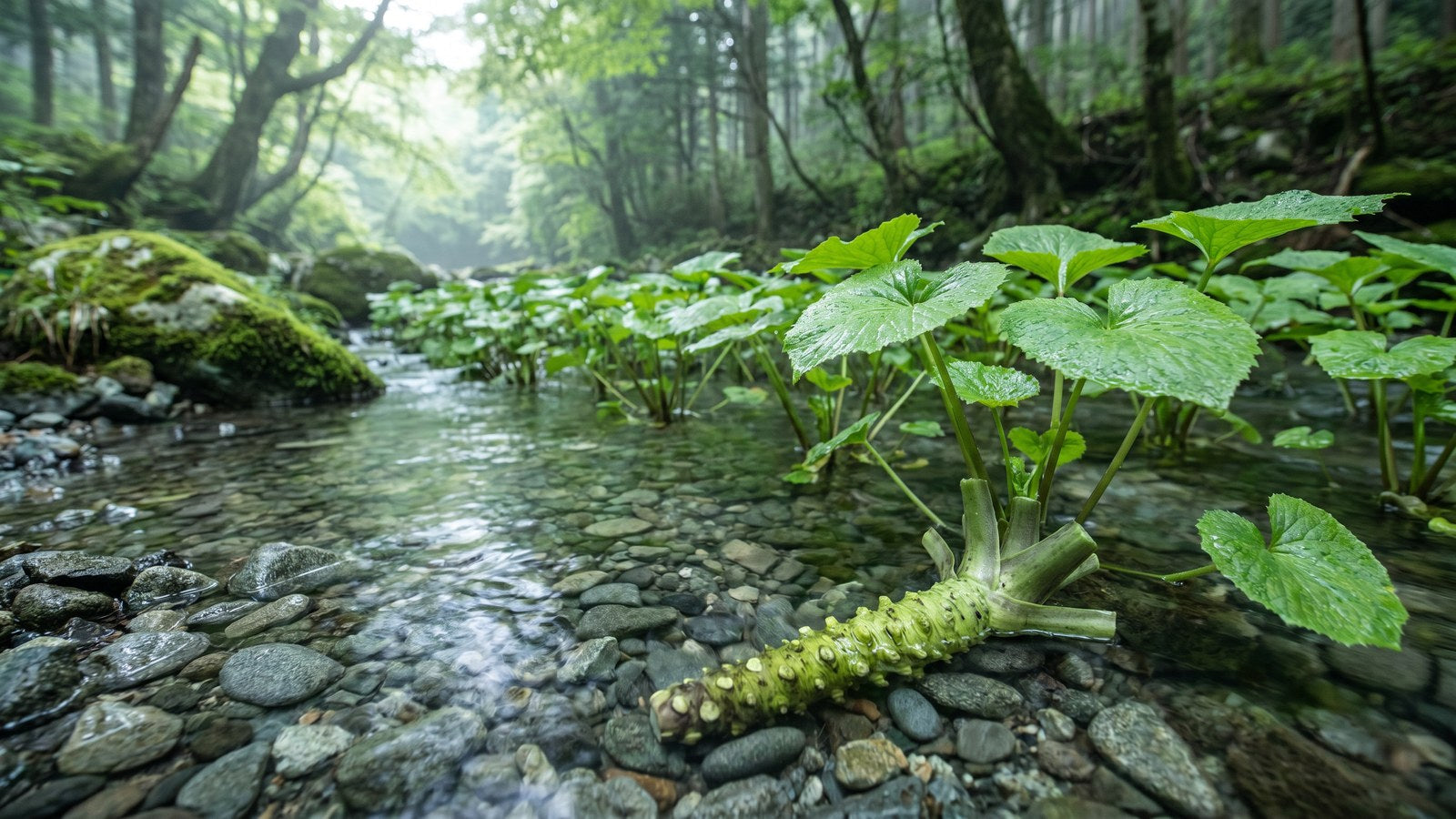 Real wasabi plants growing in a shallow flowing water bed on gravel, showing arrow-shaped leaves and green rhizome