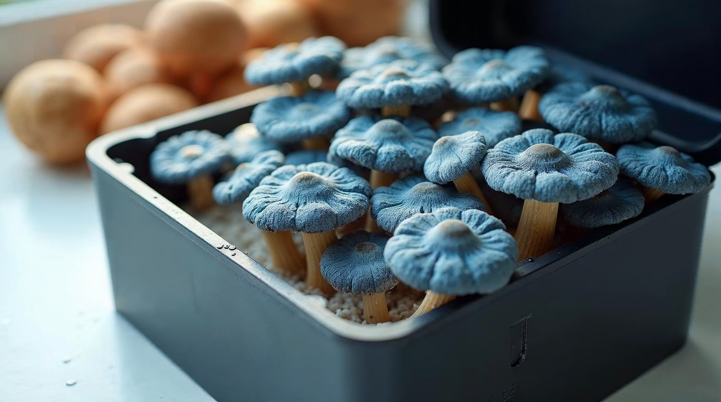 Fresh blue oyster mushroom cluster growing inside a Lykyn smart mushroom grow box on a kitchen counter