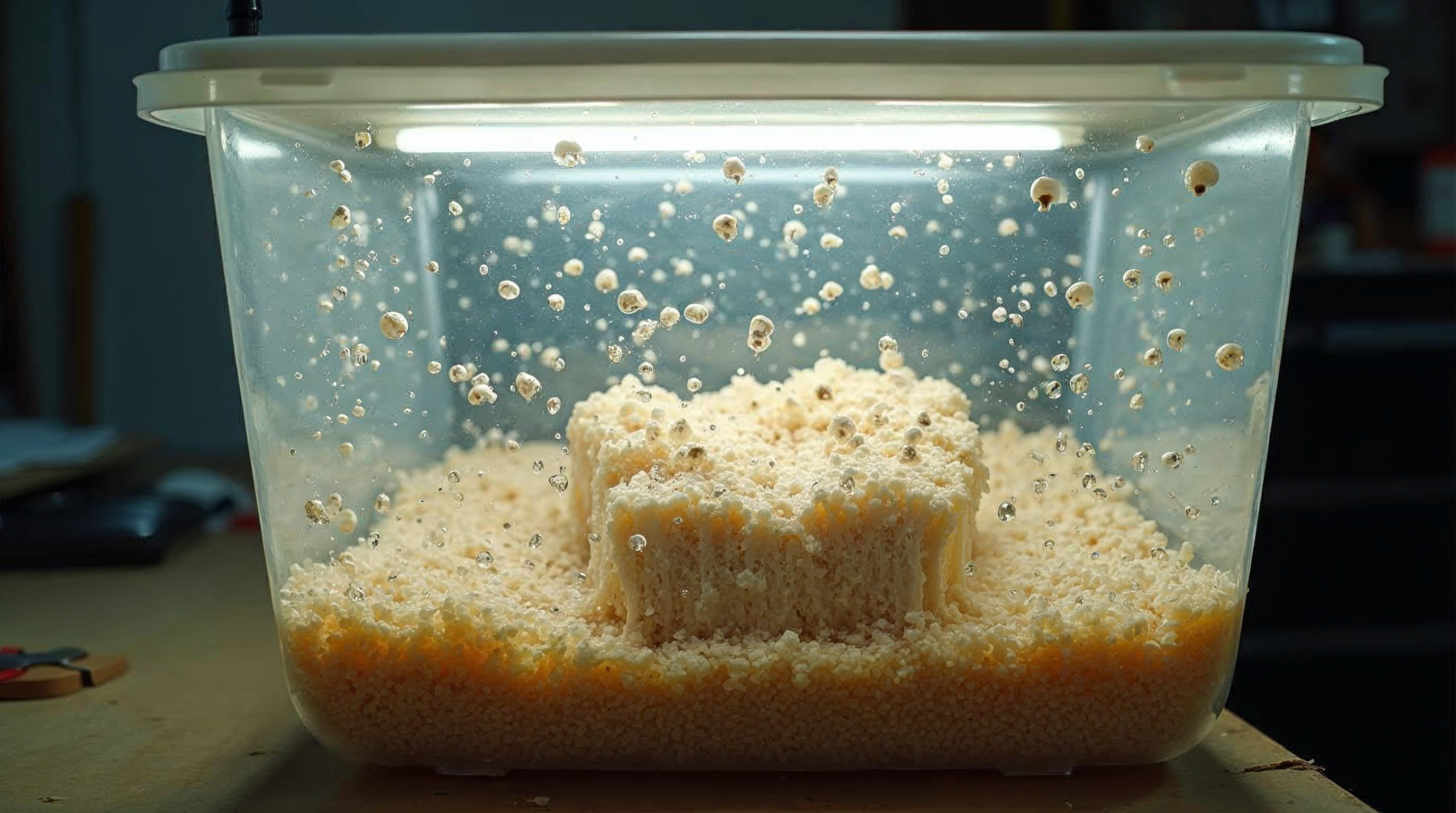 DIY shotgun fruiting chamber for mushrooms with mushroom block colonized inside ready to fruit