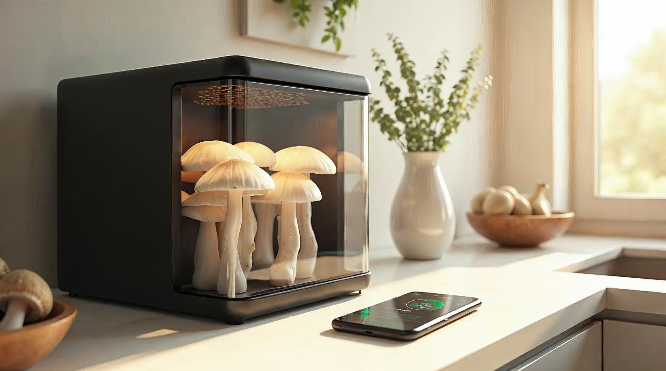 Smart mushroom grow box on a modern kitchen counter with fresh lion's mane mushrooms - alternative to a mushroom grow tent