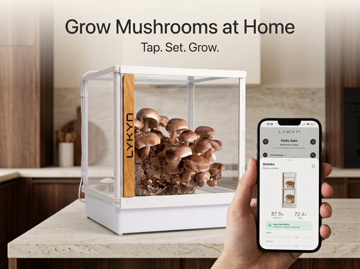 Lykyn marketing hero with shiitake mushrooms and the iPhone app, headline reads Grow Mushrooms at Home Tap Set Grow.