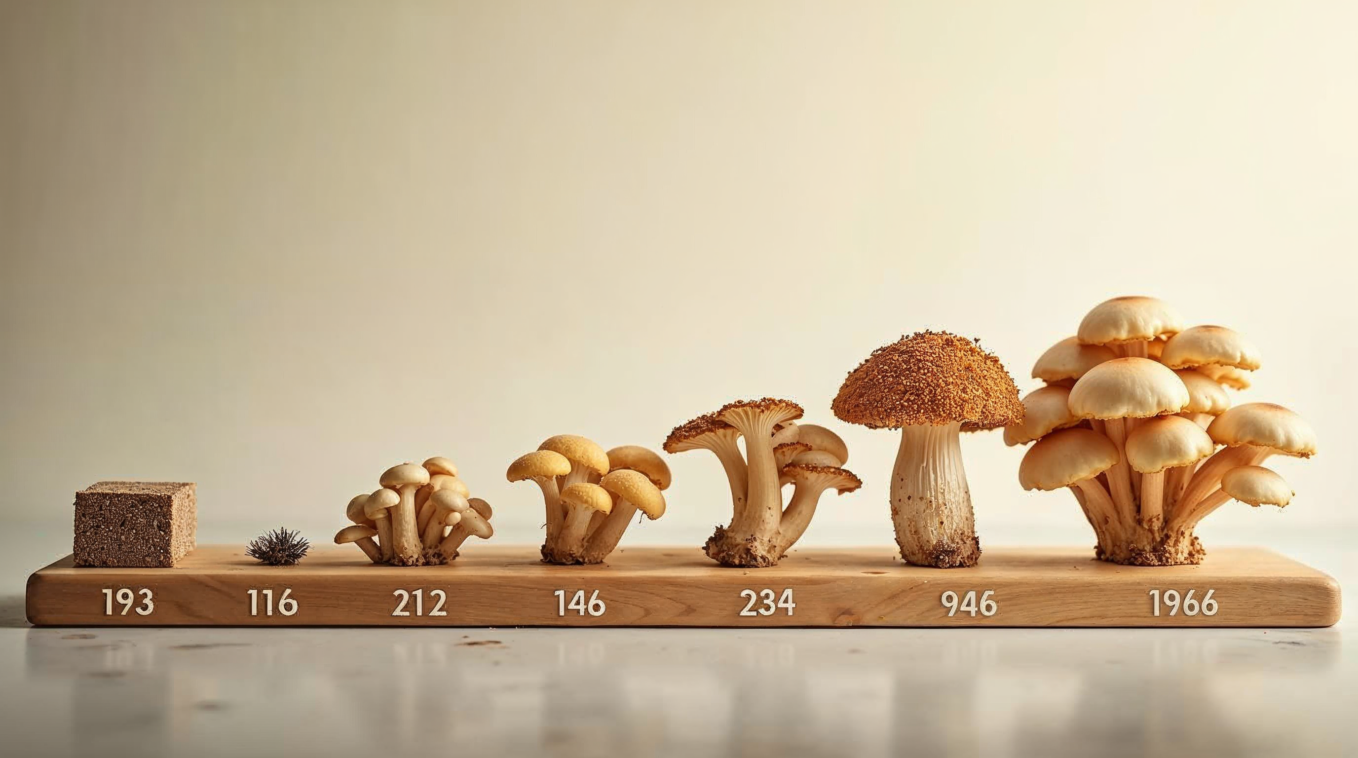 Mushroom growing timeline showing 5 stages from colonized block to harvested mushrooms over 14 days