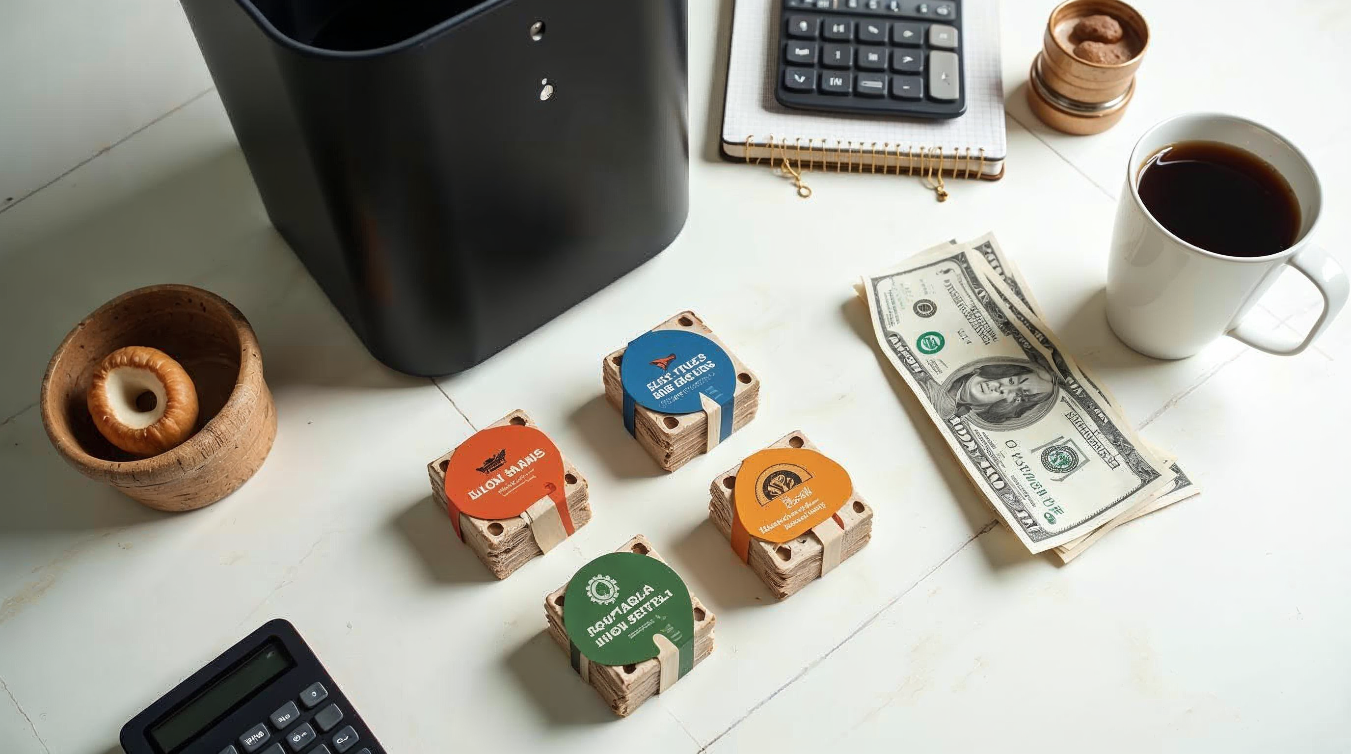 Mushroom grow kit cost breakdown overhead photograph with grow box fruiting blocks money and notebook