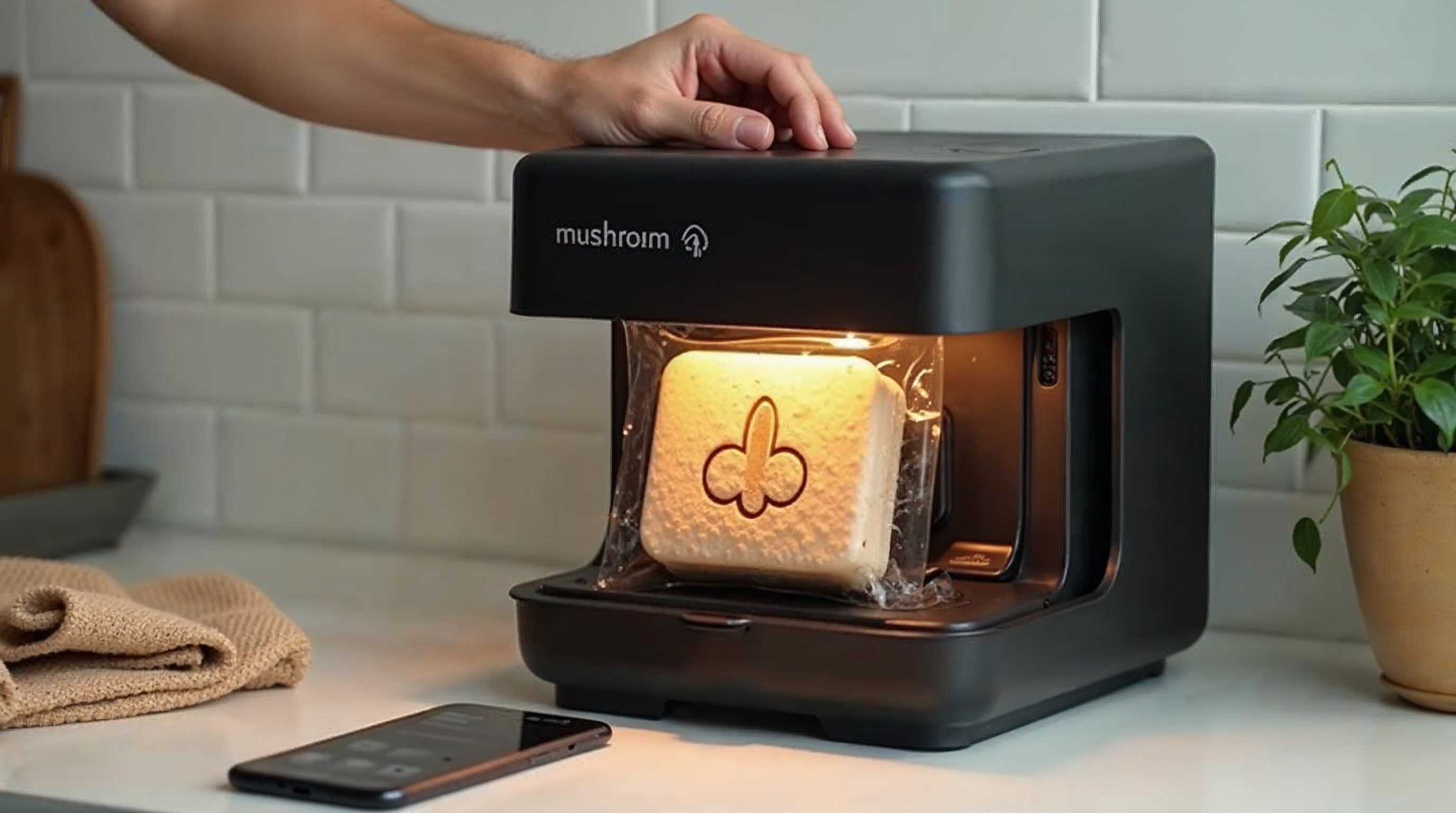 Hand placing a fruiting block into a Lykyn Smart Mushroom Grow Box on kitchen counter