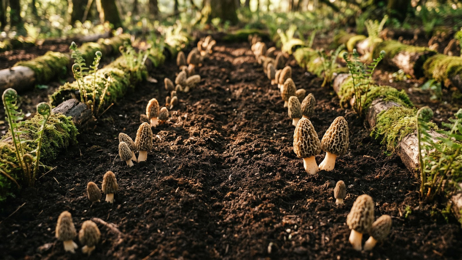 Morel mushrooms growing in rows on a cultivated farm bed