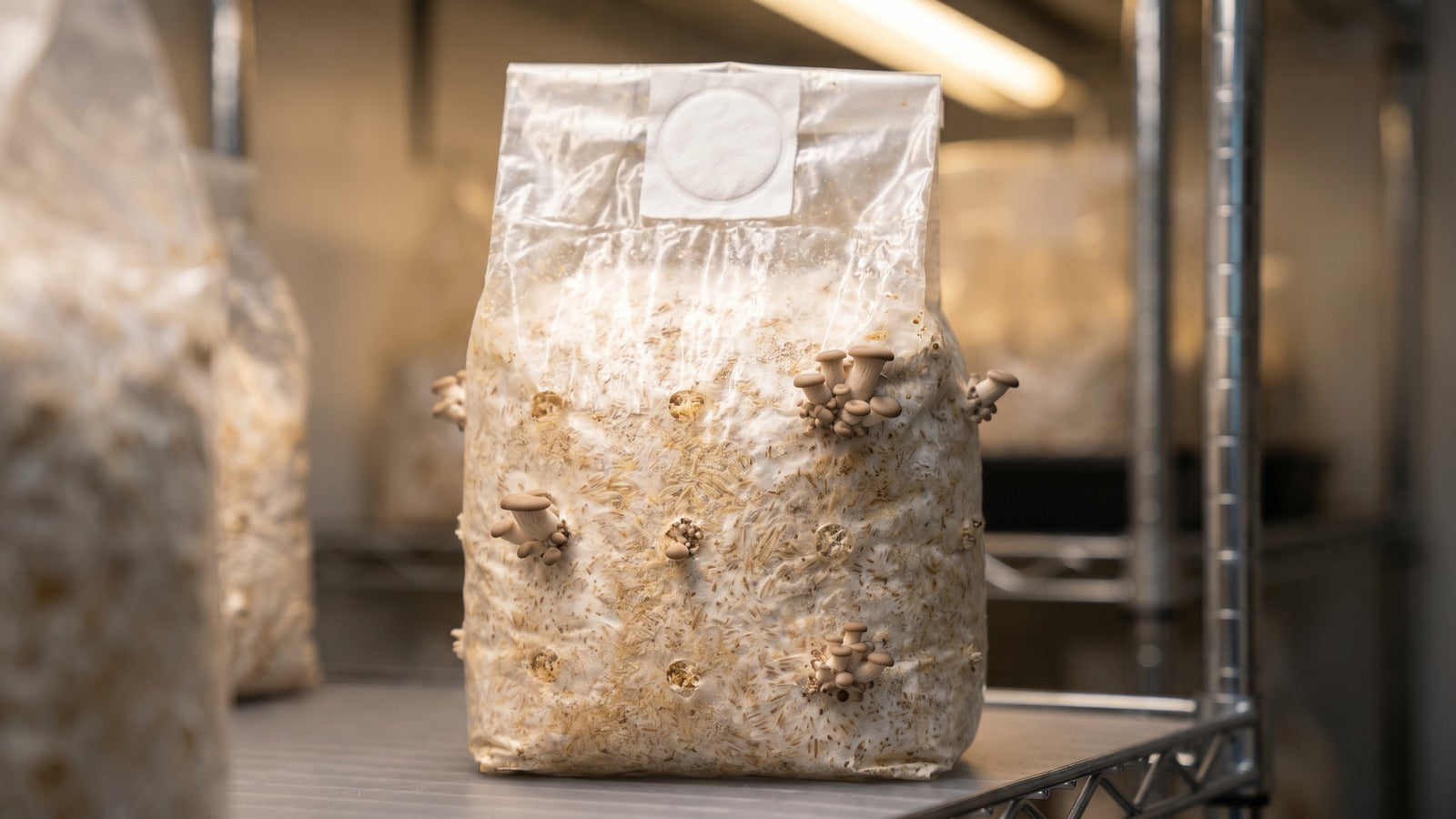 Clear plastic mushroom-growing bag with colonized substrate and oyster mushrooms fruiting through pinning holes