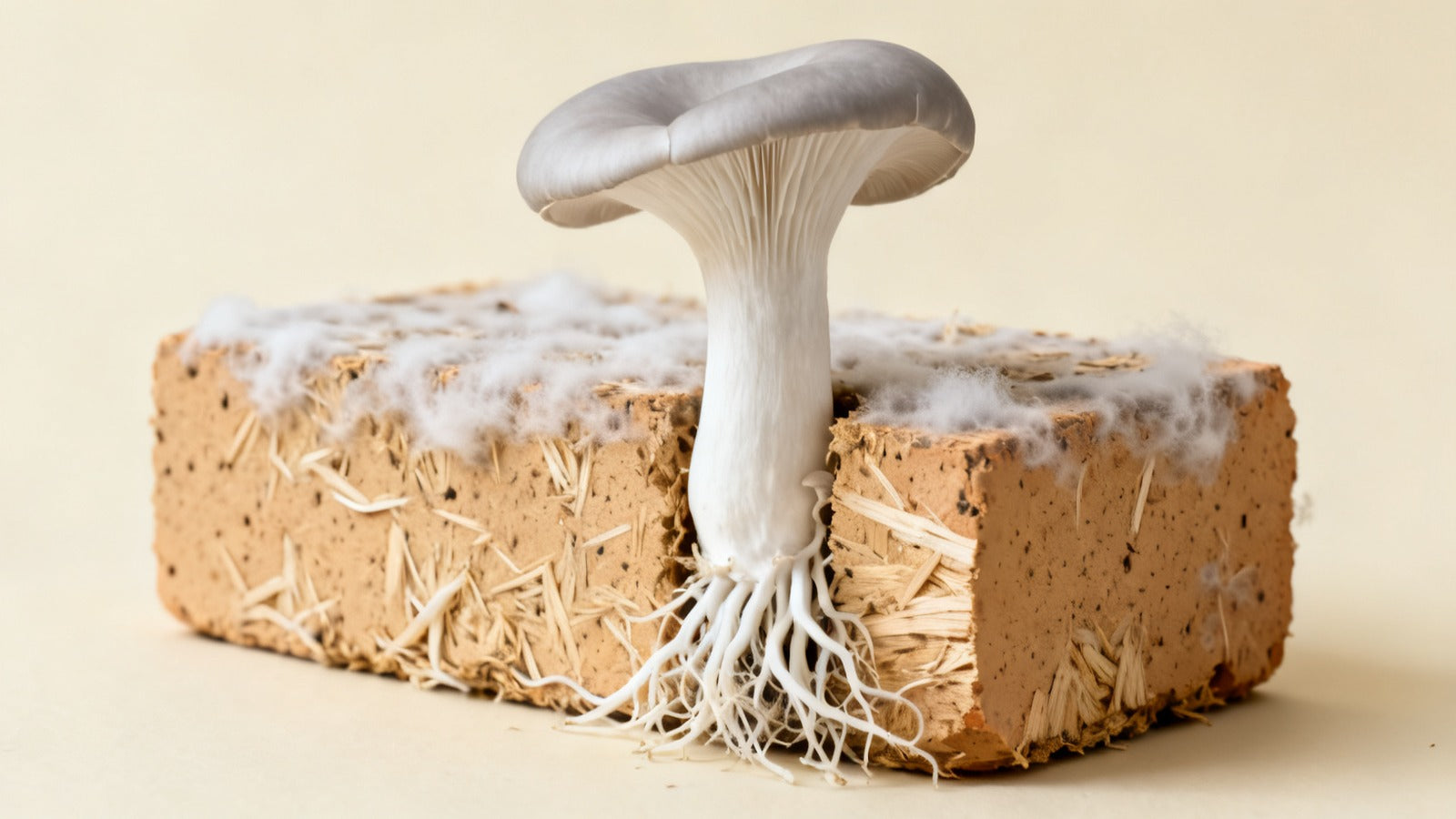 Mushroom fruiting body emerging from a colonized hardwood substrate block showing complete anatomy