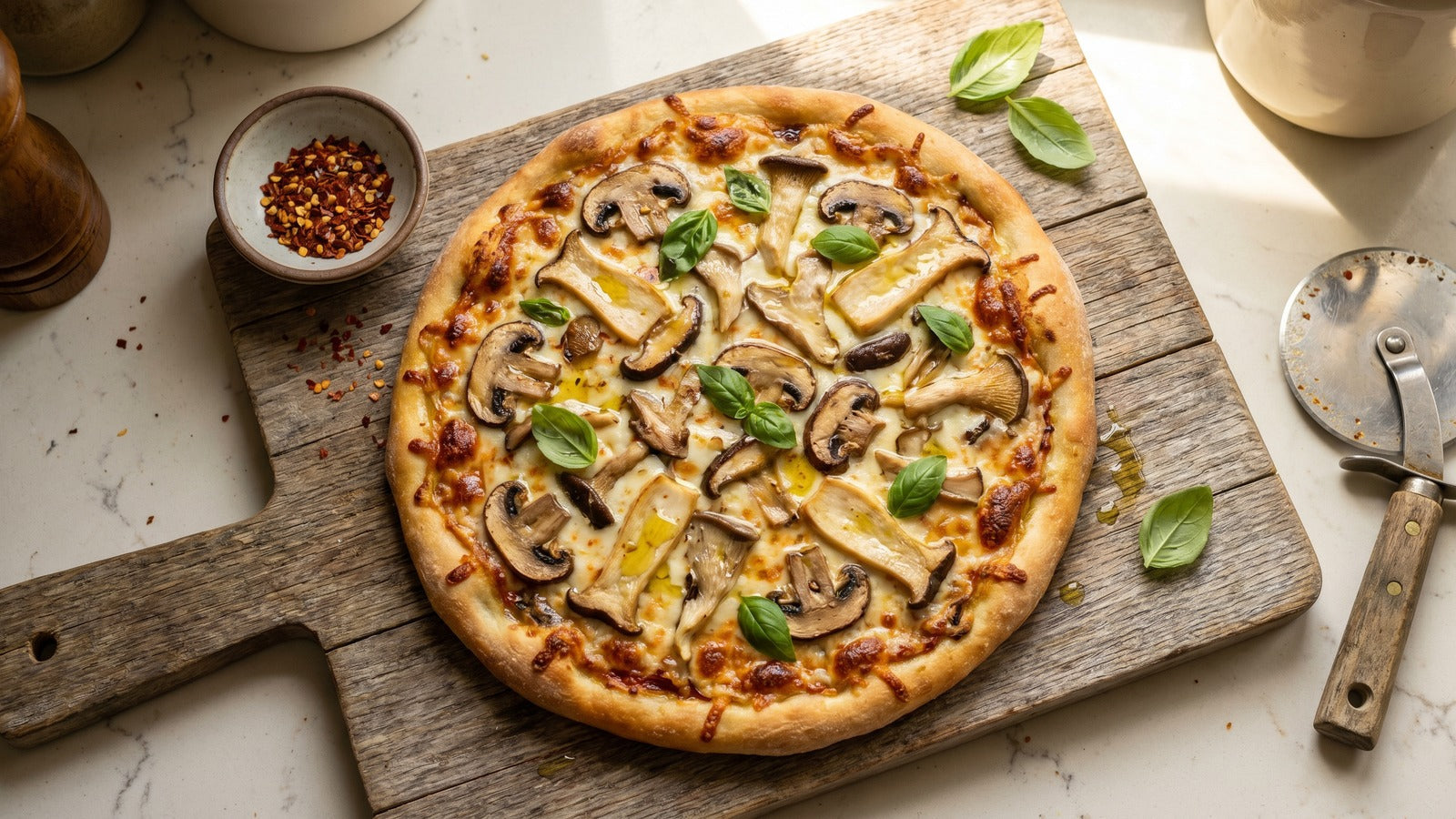 Freshly baked gourmet mushroom pizza topped with assorted oyster, cremini, and s
