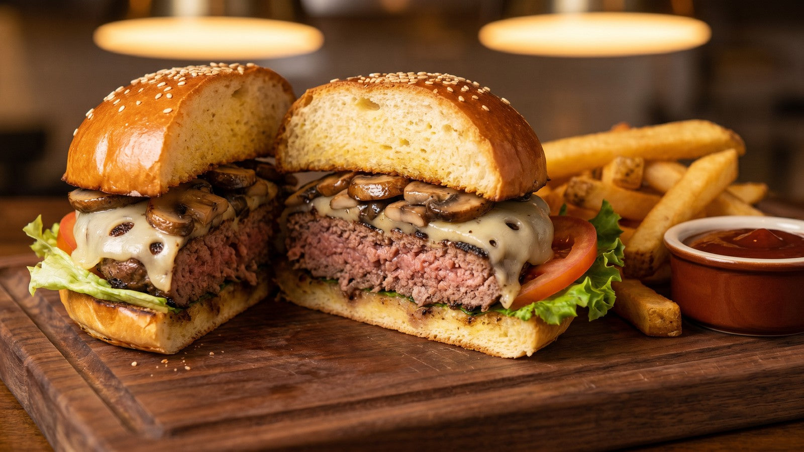 Mushroom Swiss burger with sautéed mushrooms and melted Swiss cheese in a brioche bun on a wooden board with fries