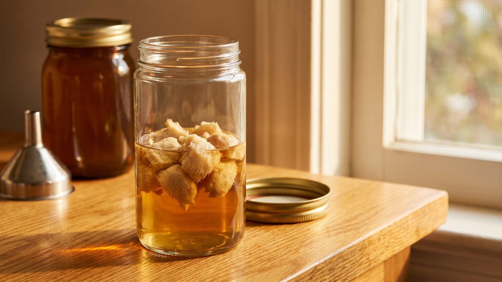 Mason jar of mushroom tincture steeping in alcohol beside a second sealed jar and funnel on a kitchen counter