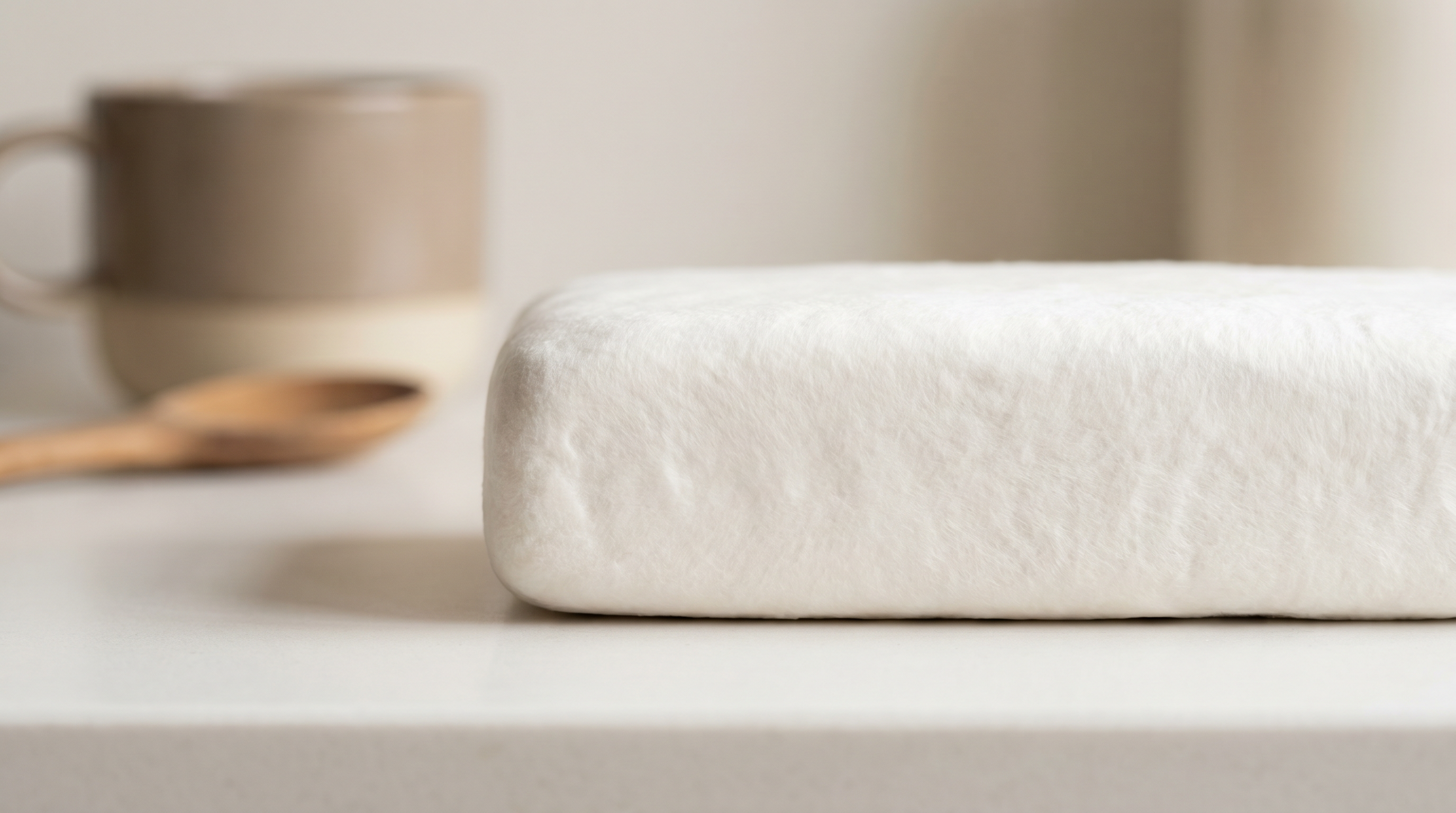 Fully colonized white mycelium mushroom block with no pins forming on a bone-white kitchen counter, soft natural light