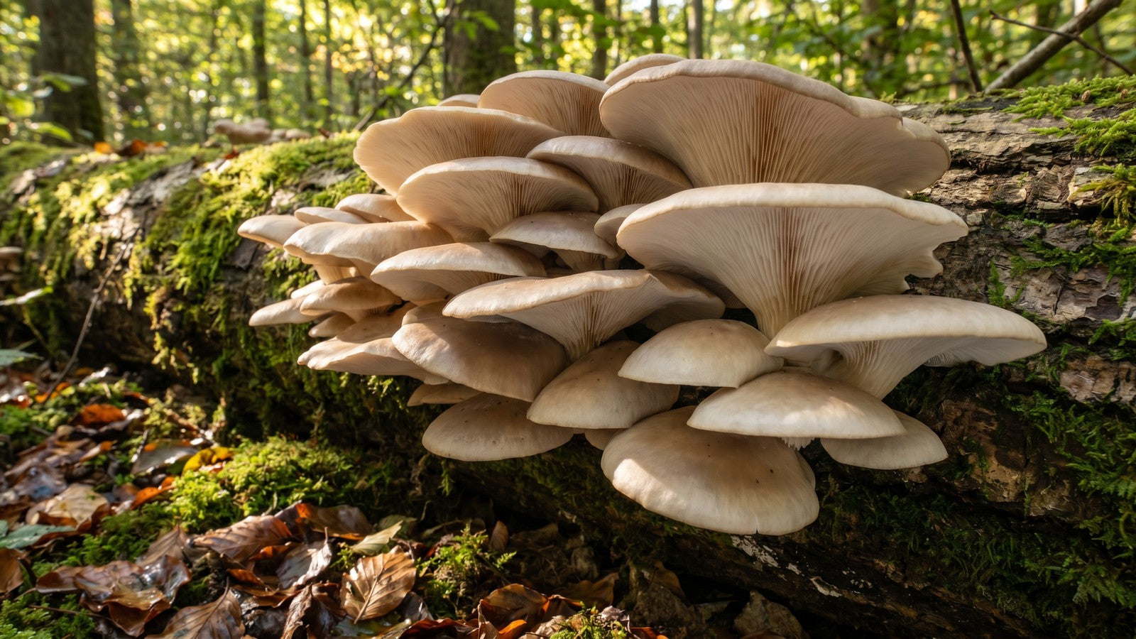 Wild oyster mushroom cluster growing on a fallen log, showing characteristic fan-shape and gills