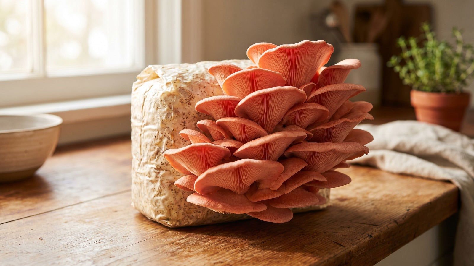 Substrate block fruiting vibrant pink oyster mushrooms at peak fruiting stage
